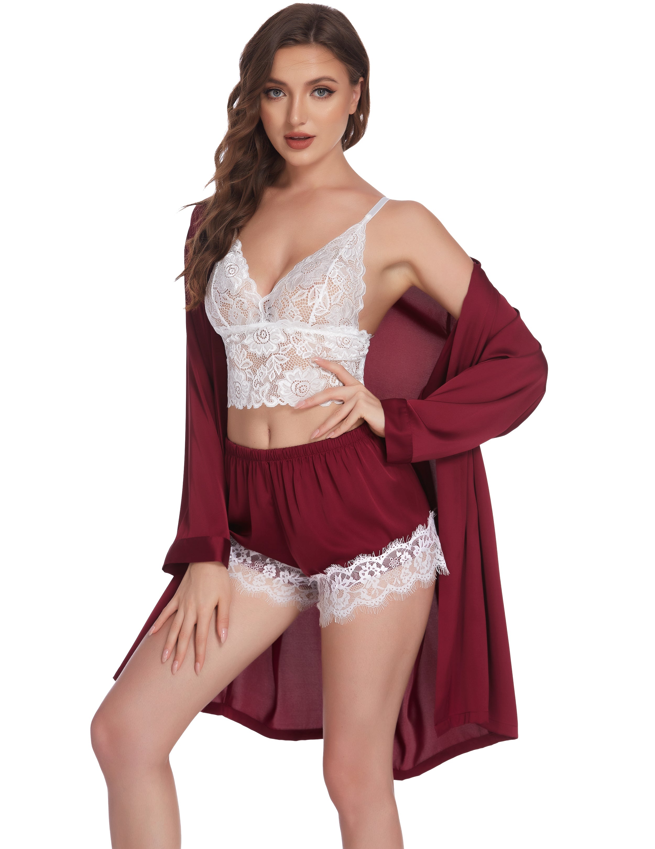 Burgundy satin robe with white lace V-neck bralette and lace-trim shorts