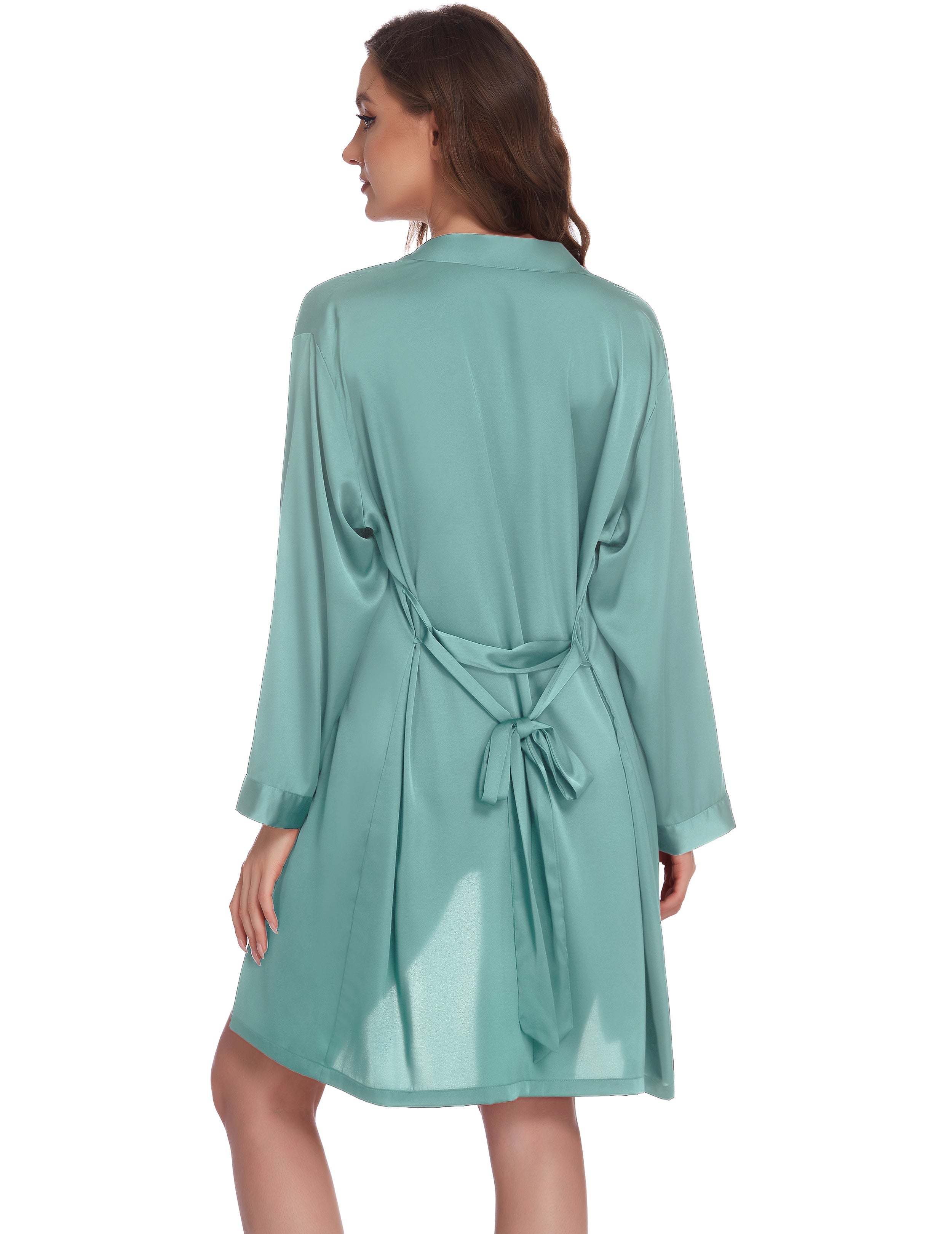 Teal satin robe back view with belt tie and long sleeves
