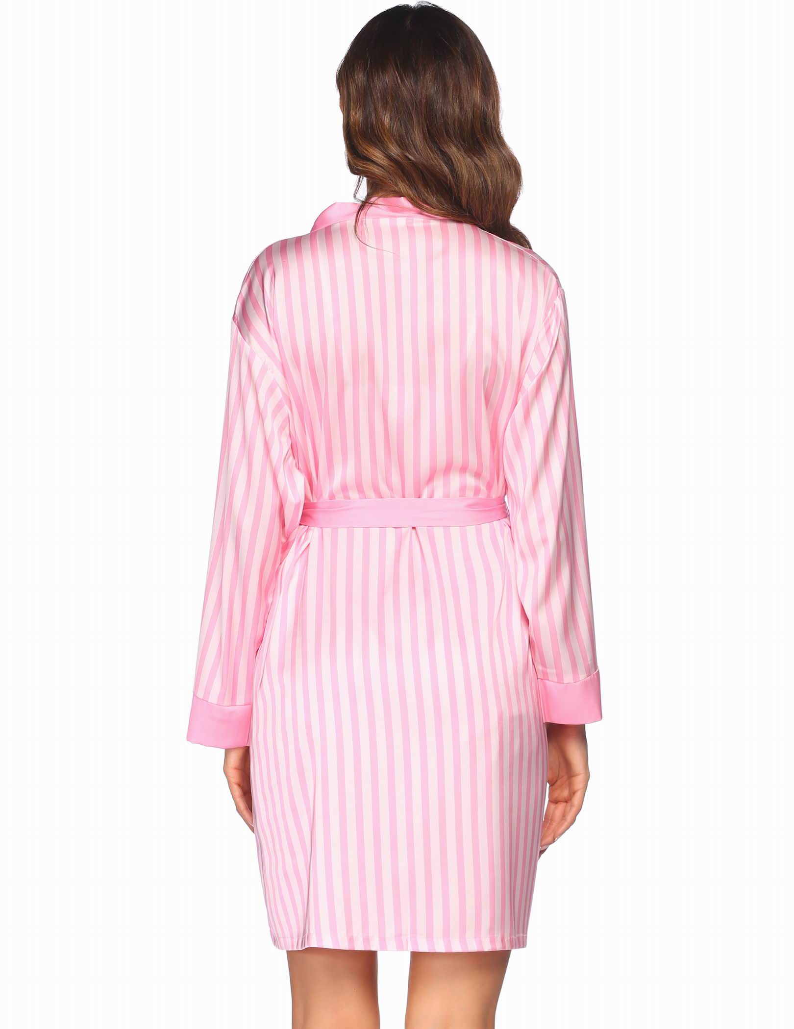 Pink striped satin robe with tie belt, back view, part of 3-piece set