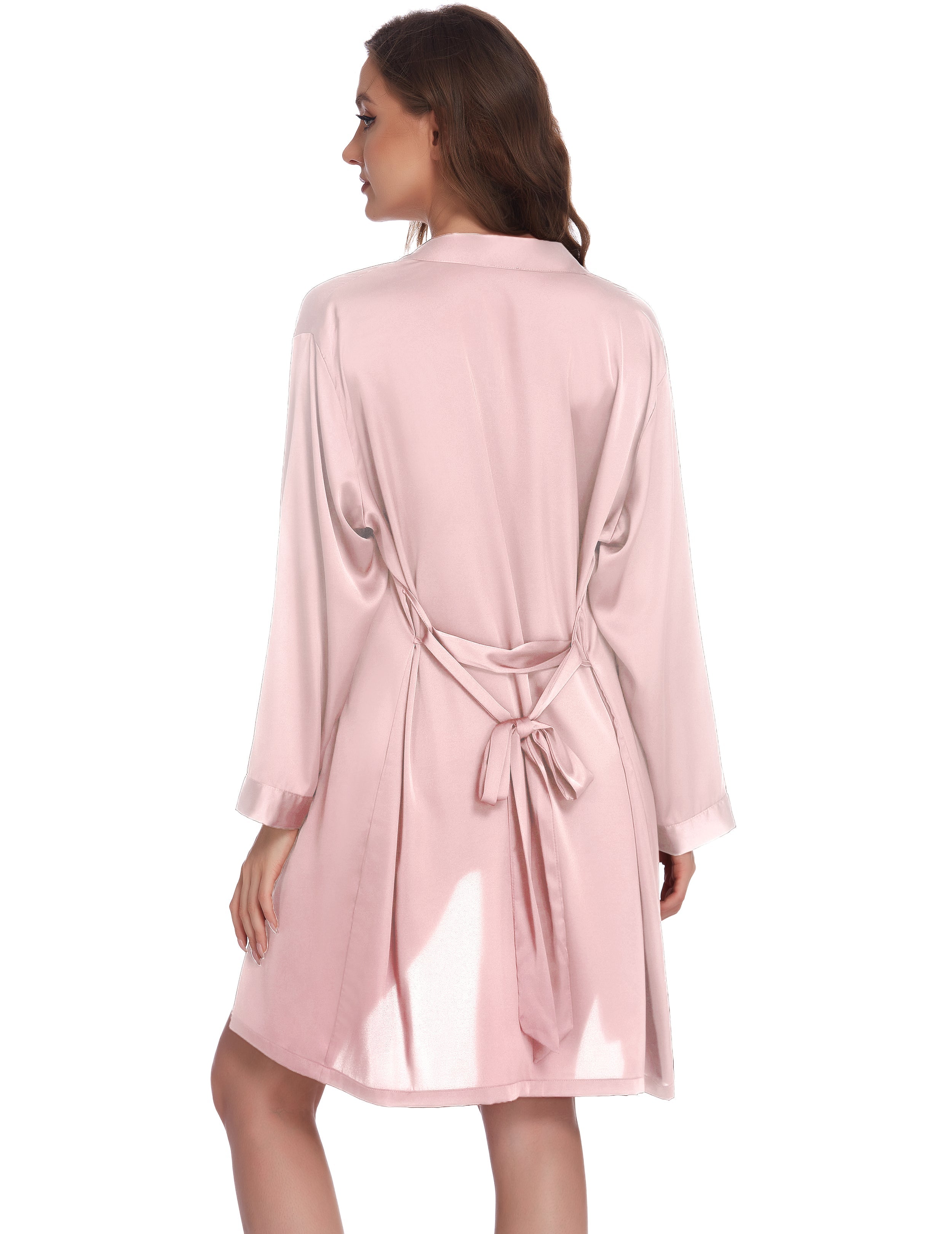 Pink satin pajama robe back view with long sleeves and tied waist belt