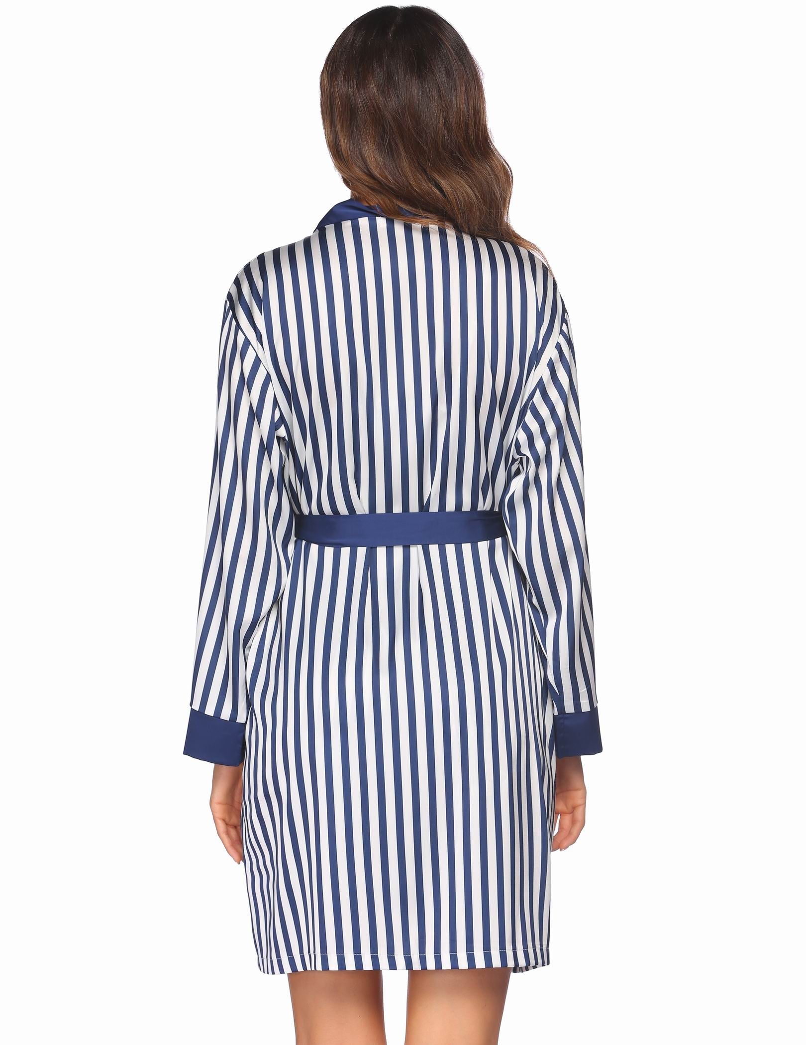 Blue striped satin robe, back view with tie belt