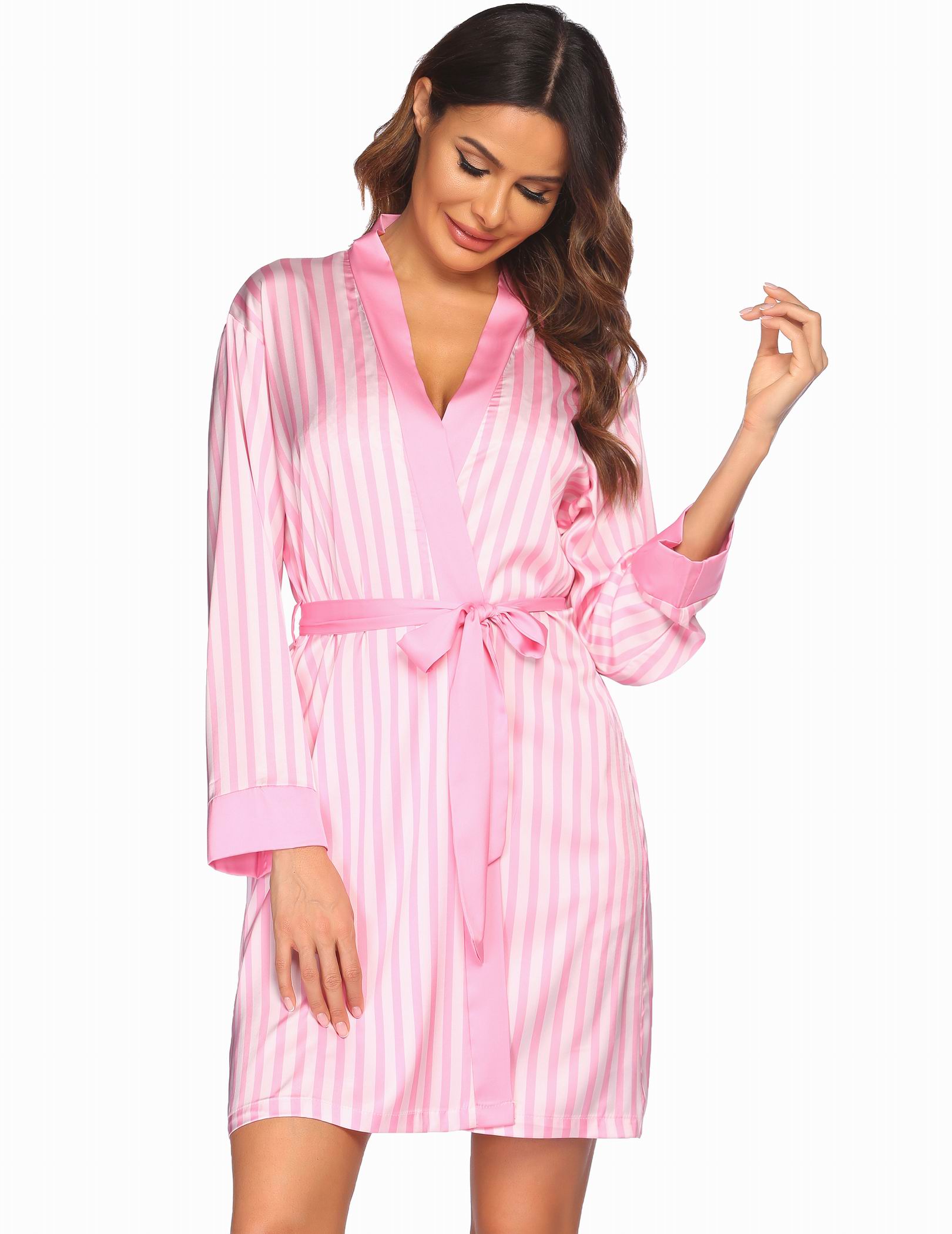 Pink striped satin robe with V-neck and tie waist, long sleeves
