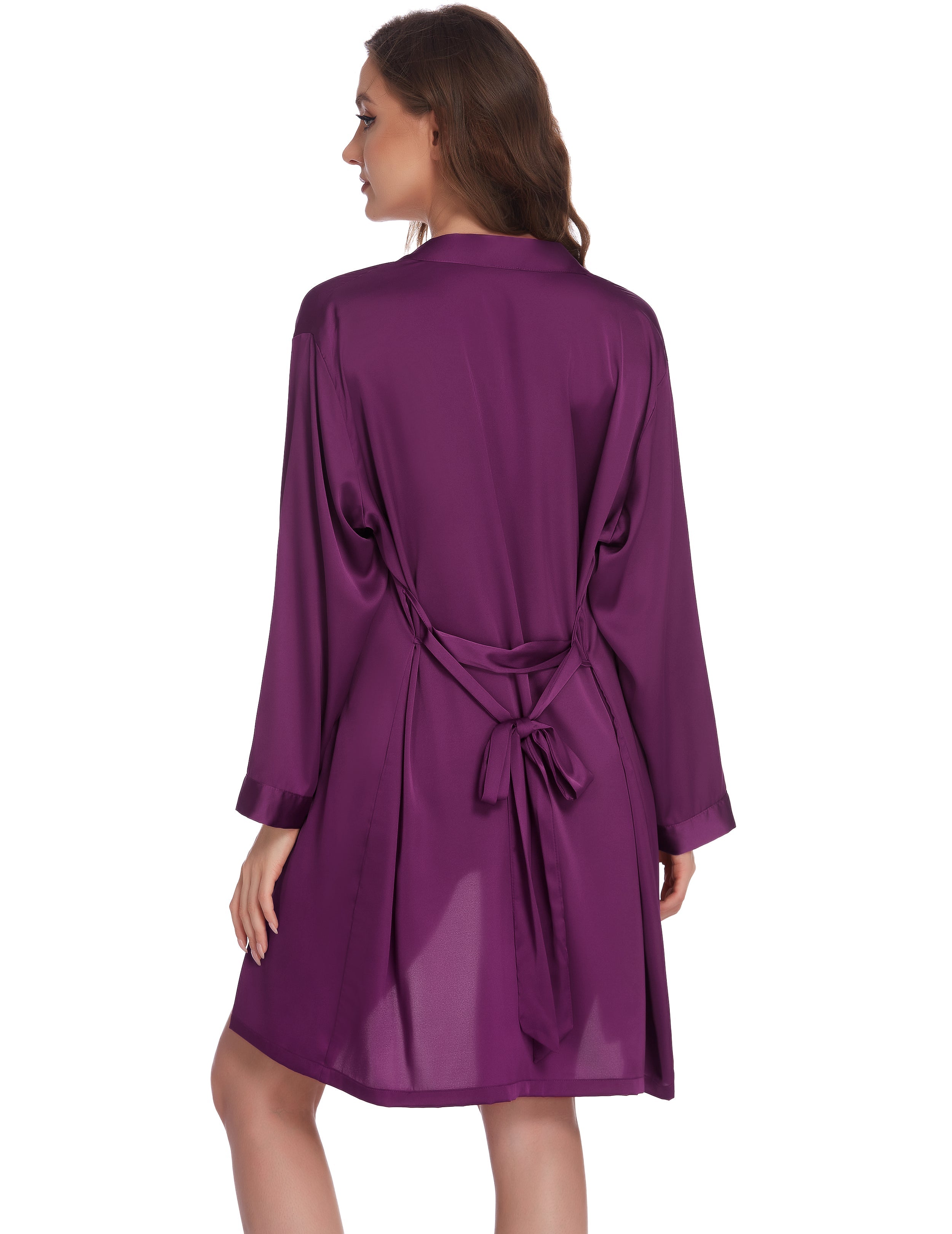 Purple satin robe with tie belt, 3/4 sleeves