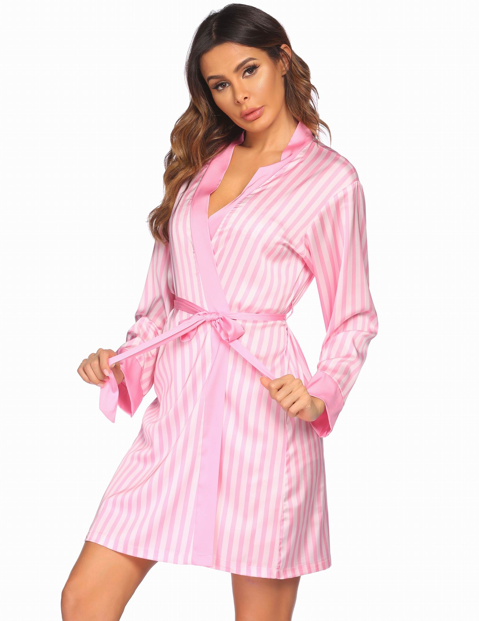 Pink striped satin robe with tie belt, part of 3-piece pajama set