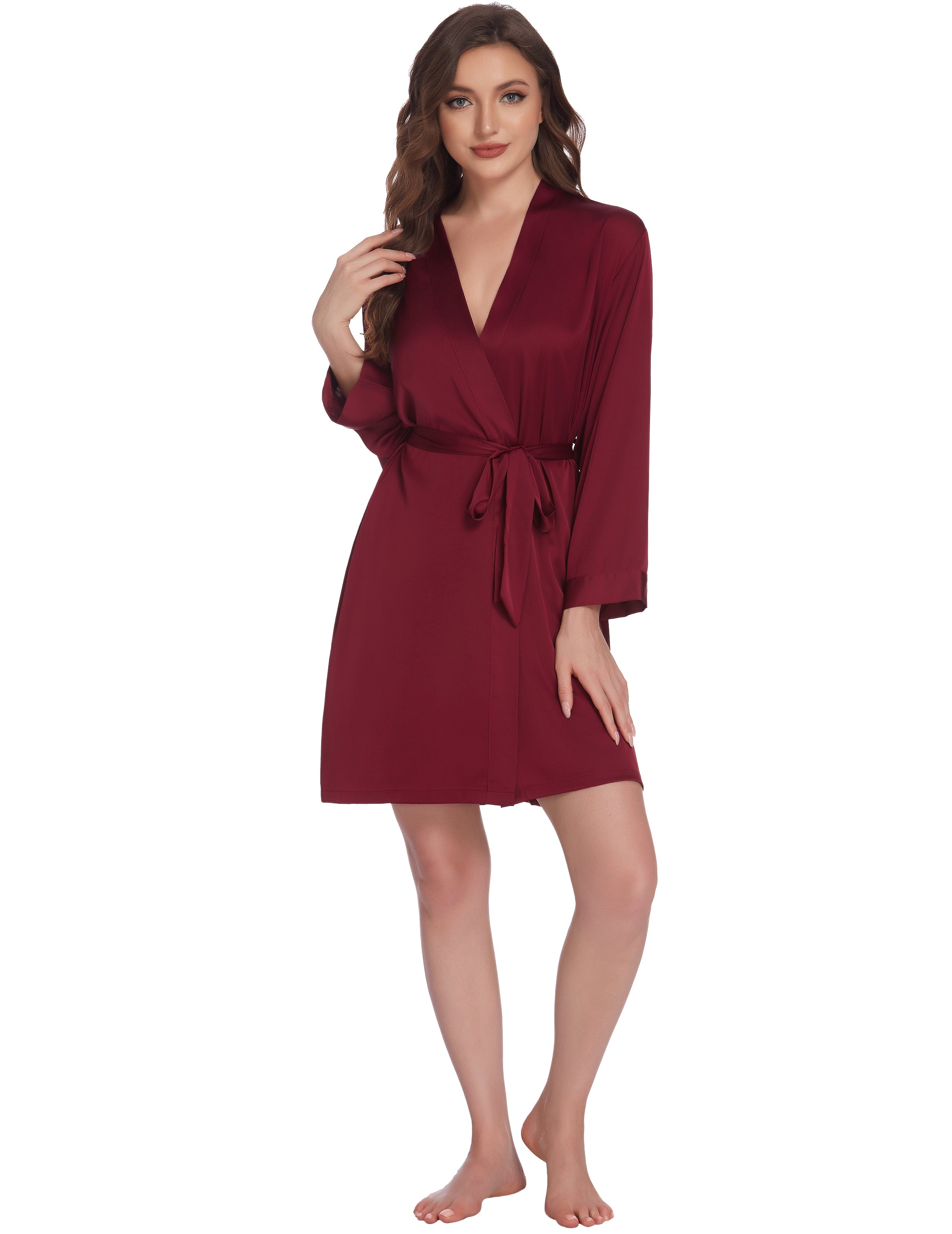 Burgundy satin robe with V-neck and tie waist, long sleeves