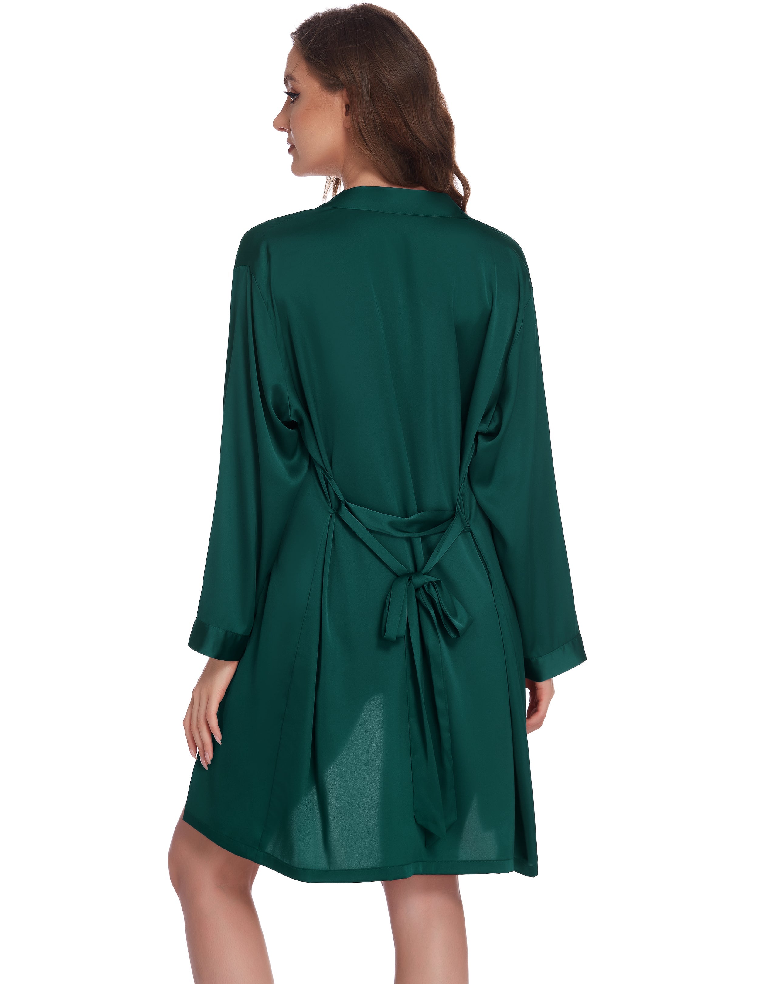 Dark green satin pajama robe back view with long sleeves and tied waist belt