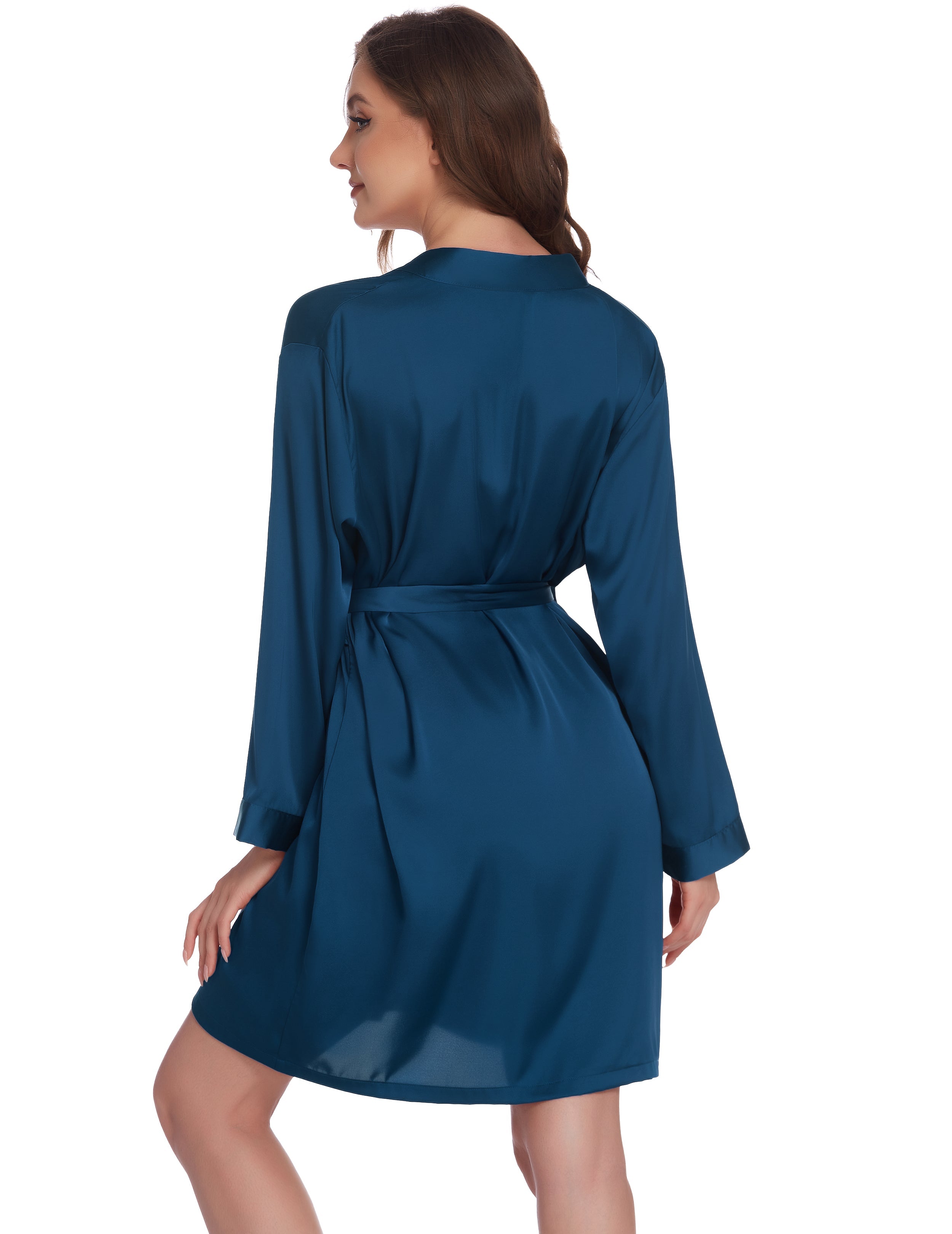 Navy satin robe with tie belt, long sleeves, V-neck