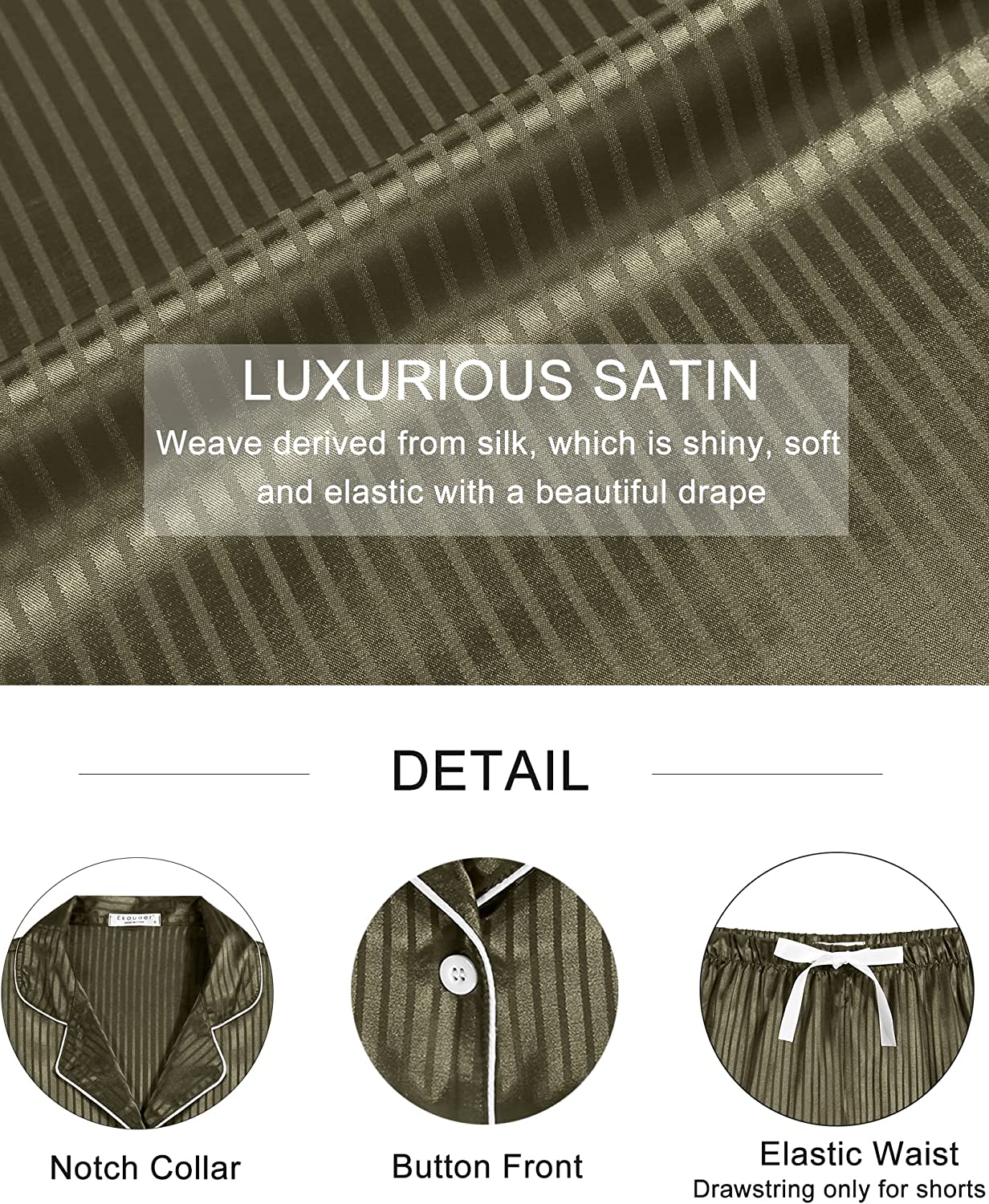 Olive satin fabric detail with notch collar, button front, and elastic waist shorts