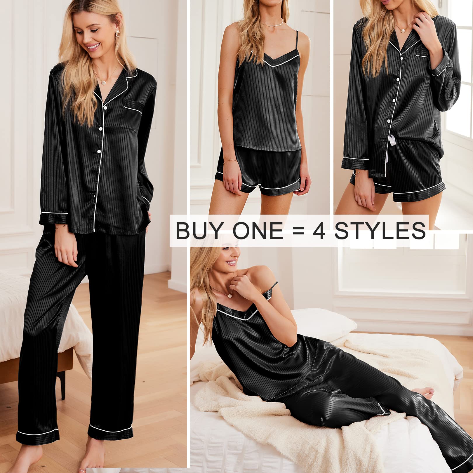 Black satin 4-piece pajama set: shirt, cami, shorts, and pants with contrast piping