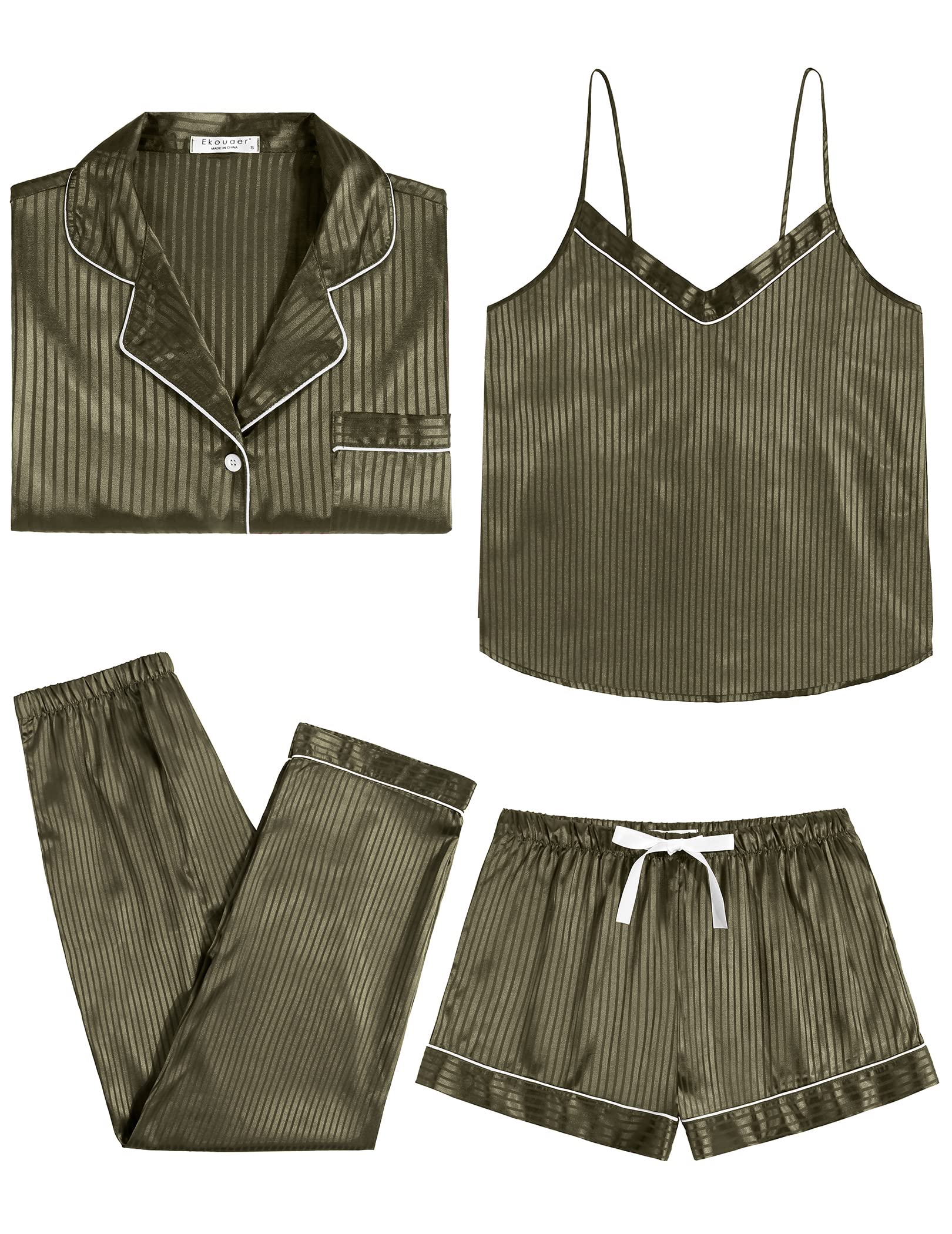 Olive satin 4-piece pajama set flat lay: button shirt, cami, pants, and drawstring shorts