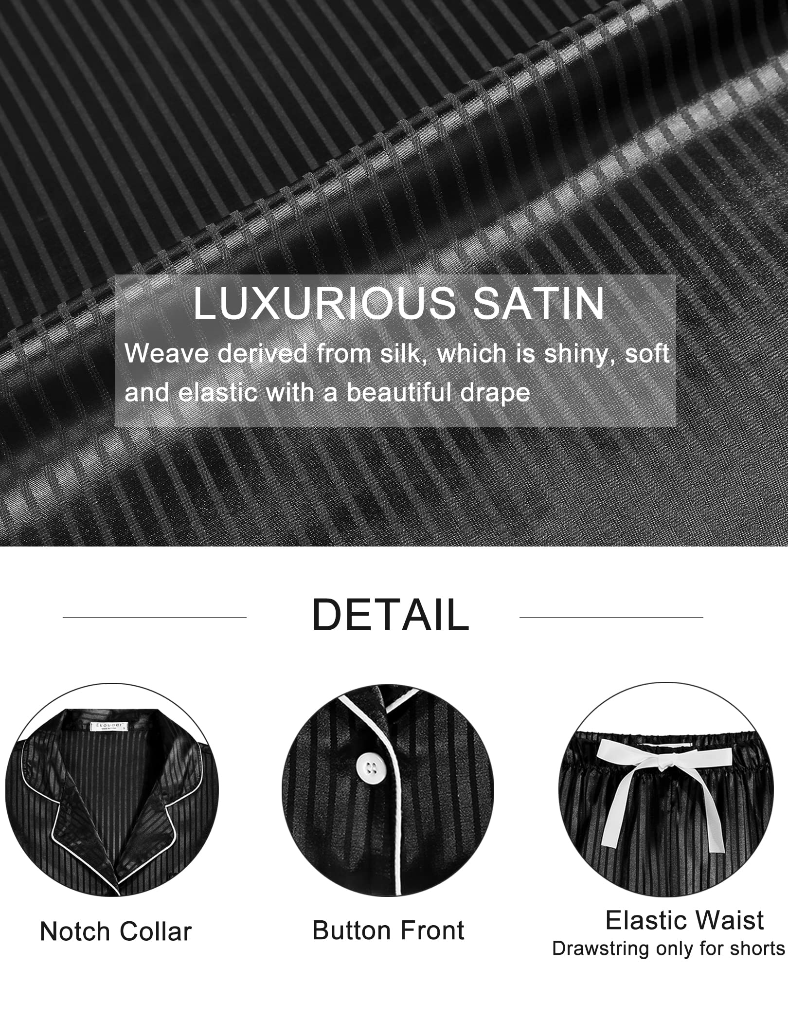 Satin pajama details: notch collar, button front, elastic waist with drawstring