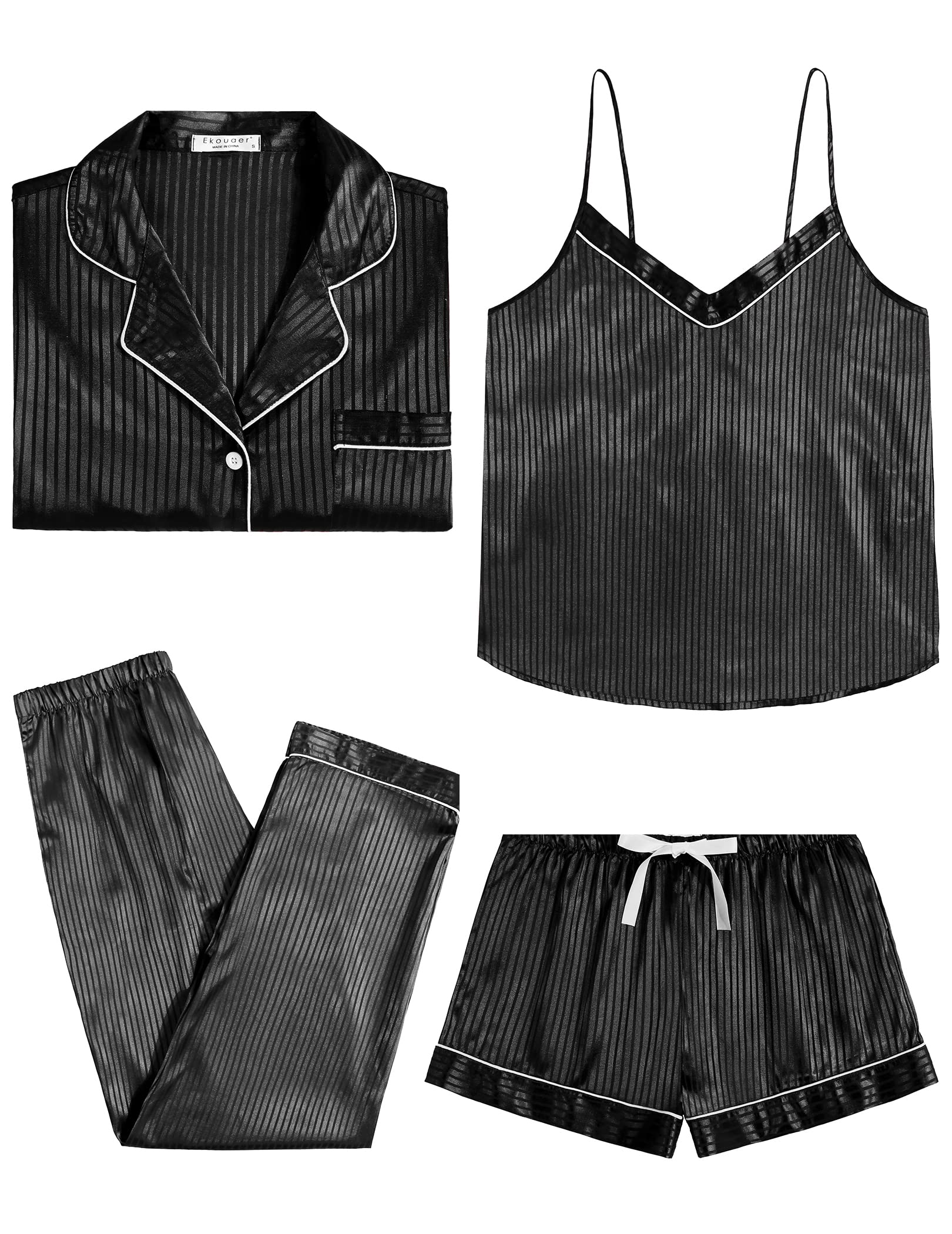 Black satin 4-piece pajama set flat lay: button shirt, cami, pants, and drawstring shorts