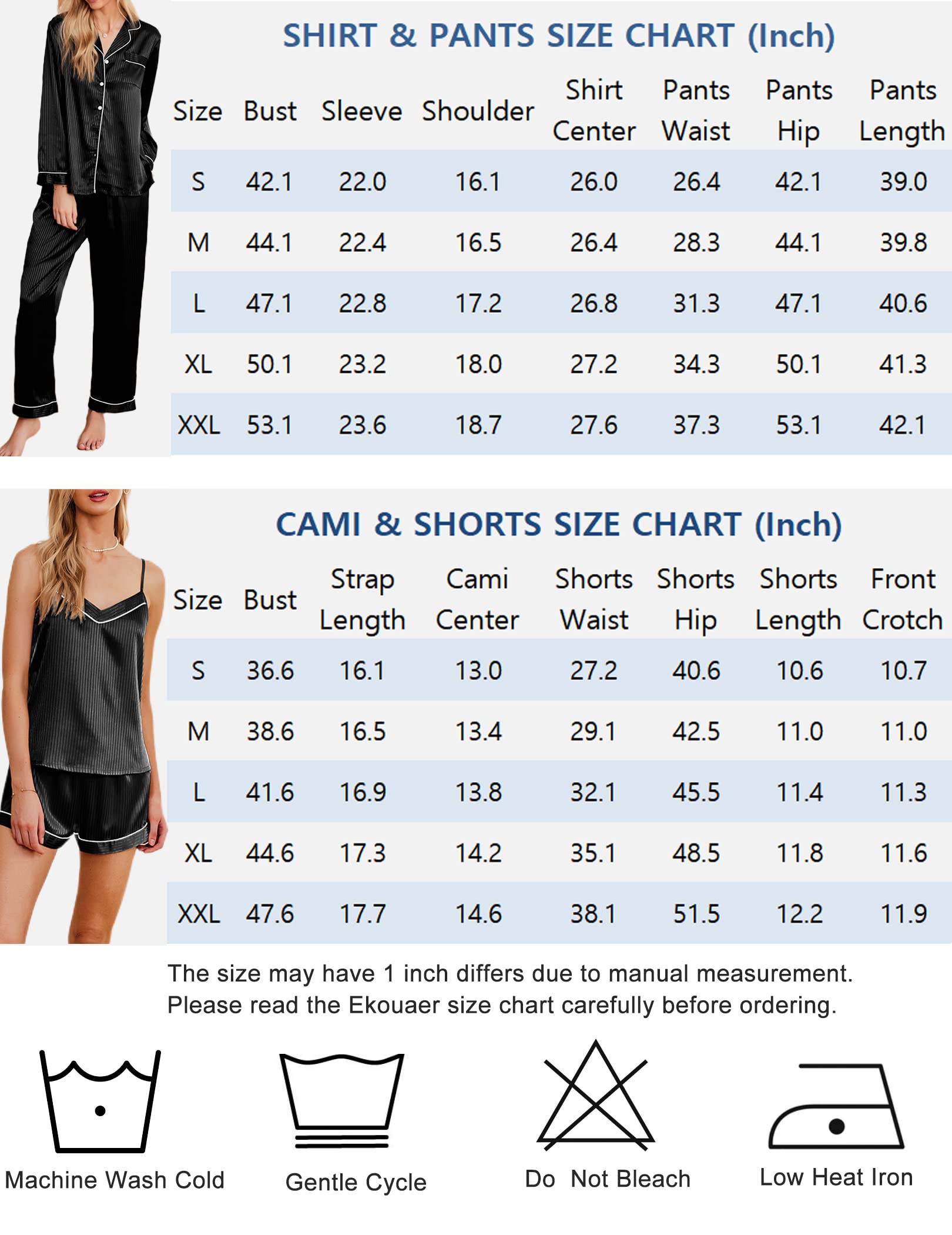 Shirt & pants size chart for satin pajama set, sizes S–XXL (inches)