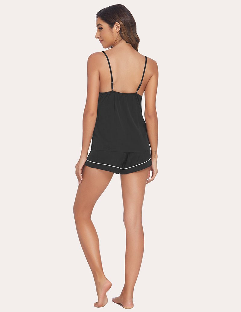 Back view: black satin camisole and shorts with thin straps and piping