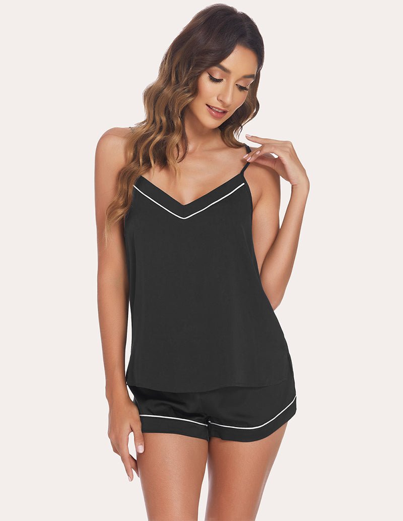 Black satin camisole and shorts pajama set with contrast piping