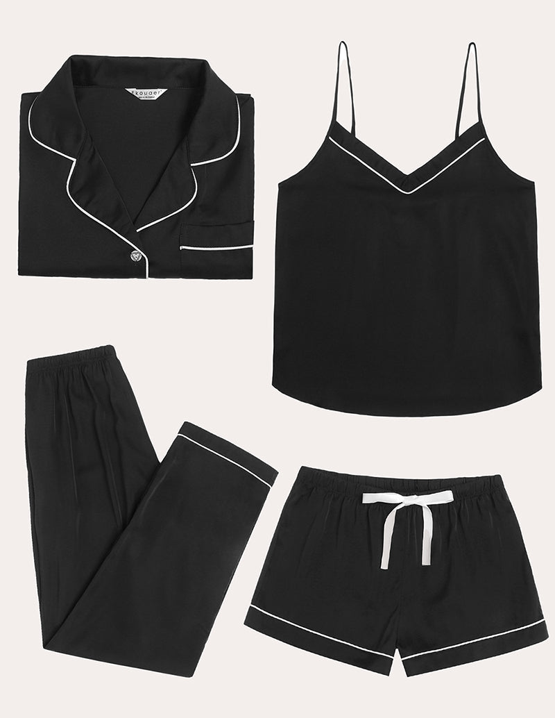 Black 4-piece satin pajama set: shirt, camisole, pants, and drawstring shorts