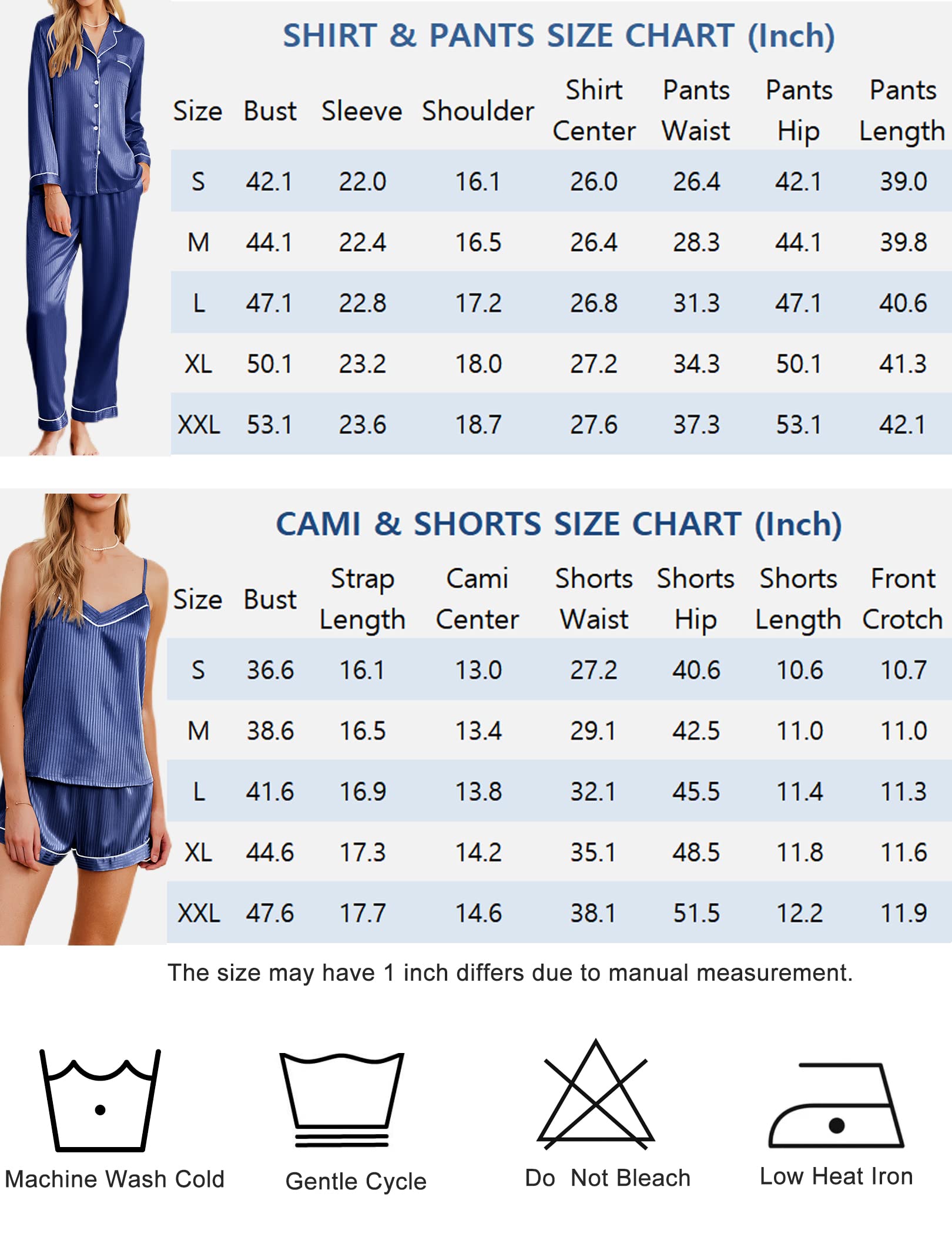 Size chart for satin pajama set: shirt & pants and cami & shorts measurements