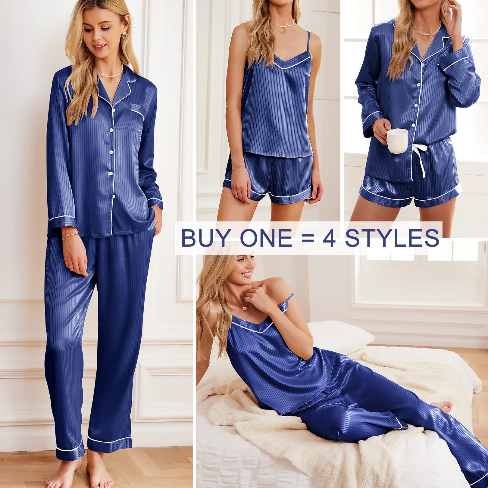 Blue striped satin pajama set: button shirt with pants, cami with shorts (4 styles)