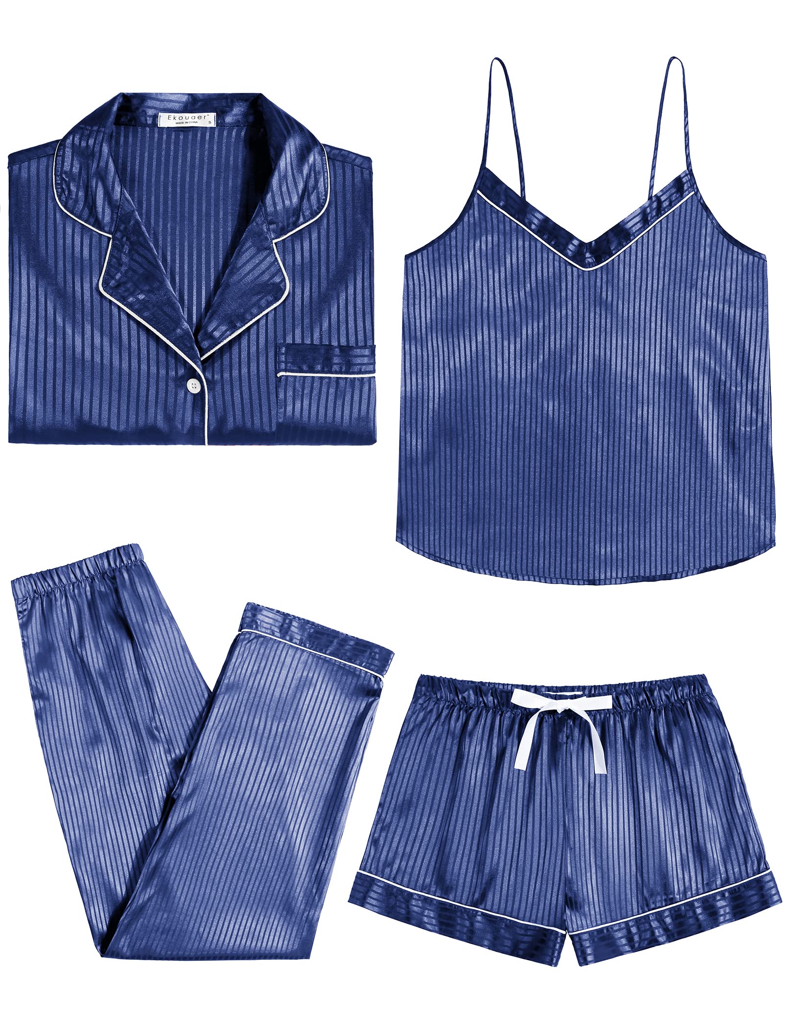 Blue striped satin pajama set: button shirt, cami top, pants, drawstring shorts