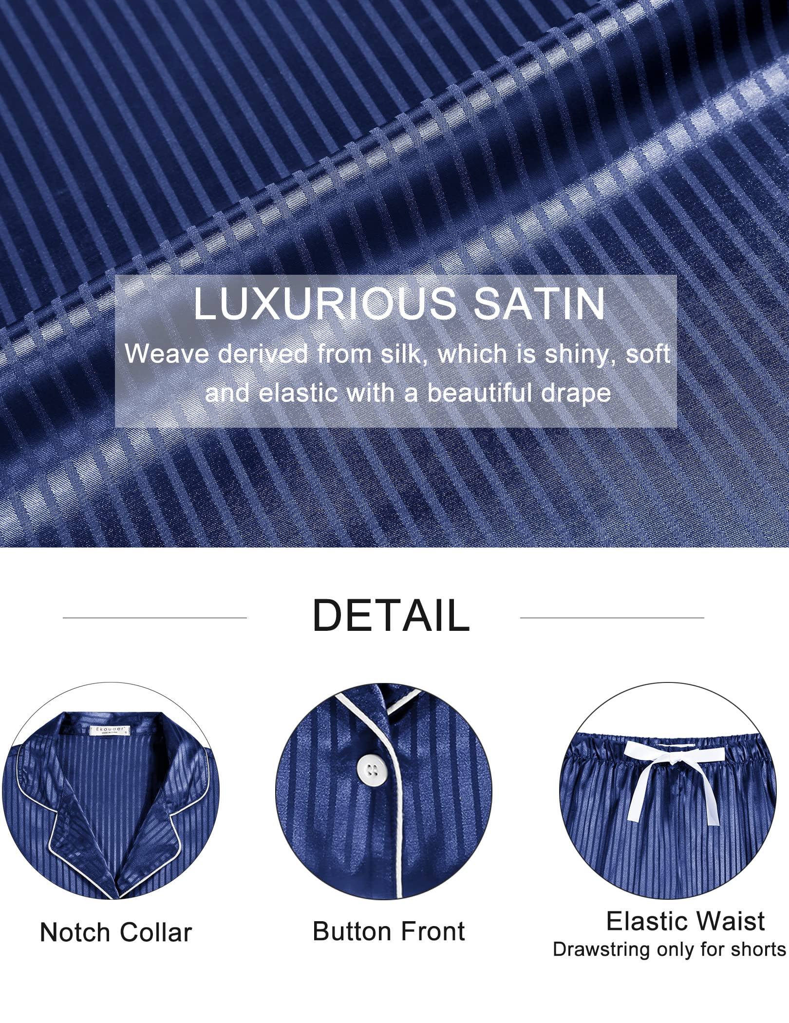 Blue striped satin details: notched collar, button front, elastic waist, drawstring shorts