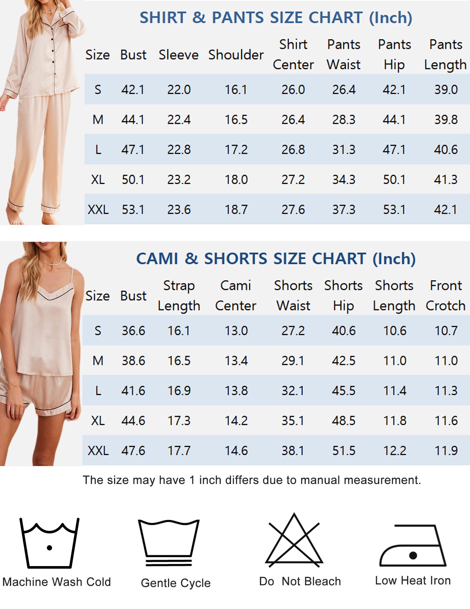 Größentabelle für Satin-Pyjama-Set: Shirt & Hose sowie Cami & Shorts (Zoll)