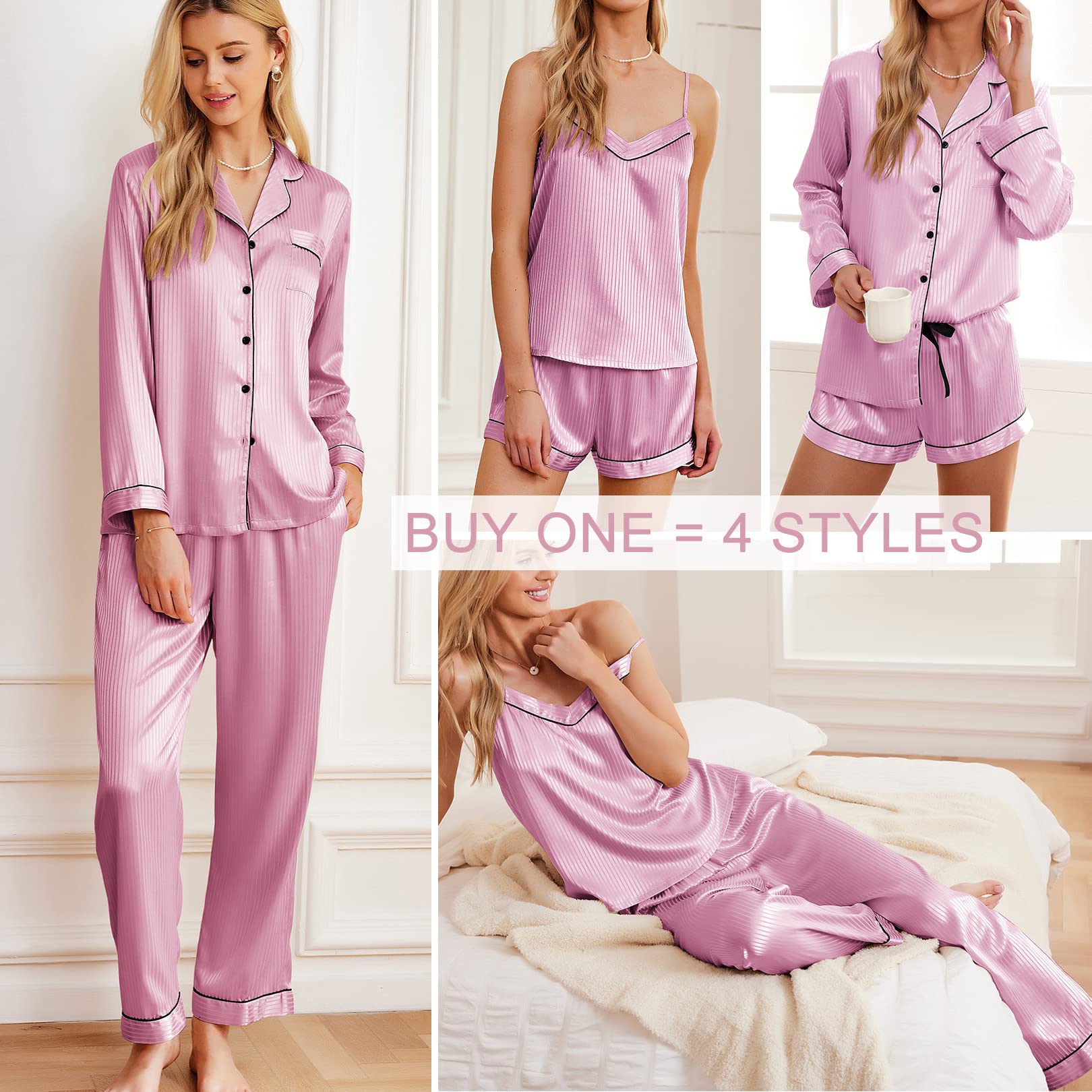 Satin-Pyjama-Set in Misty Rose/Pink mit Nadelstreifen: Hemd, Cami, Hose und Shorts
