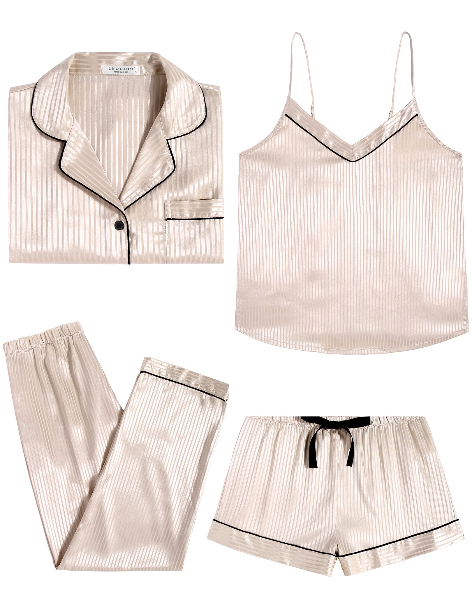 4-teiliges Satin-Pyjama-Set in Creme/Beige: Hemd, Cami, lange Hose und Shorts