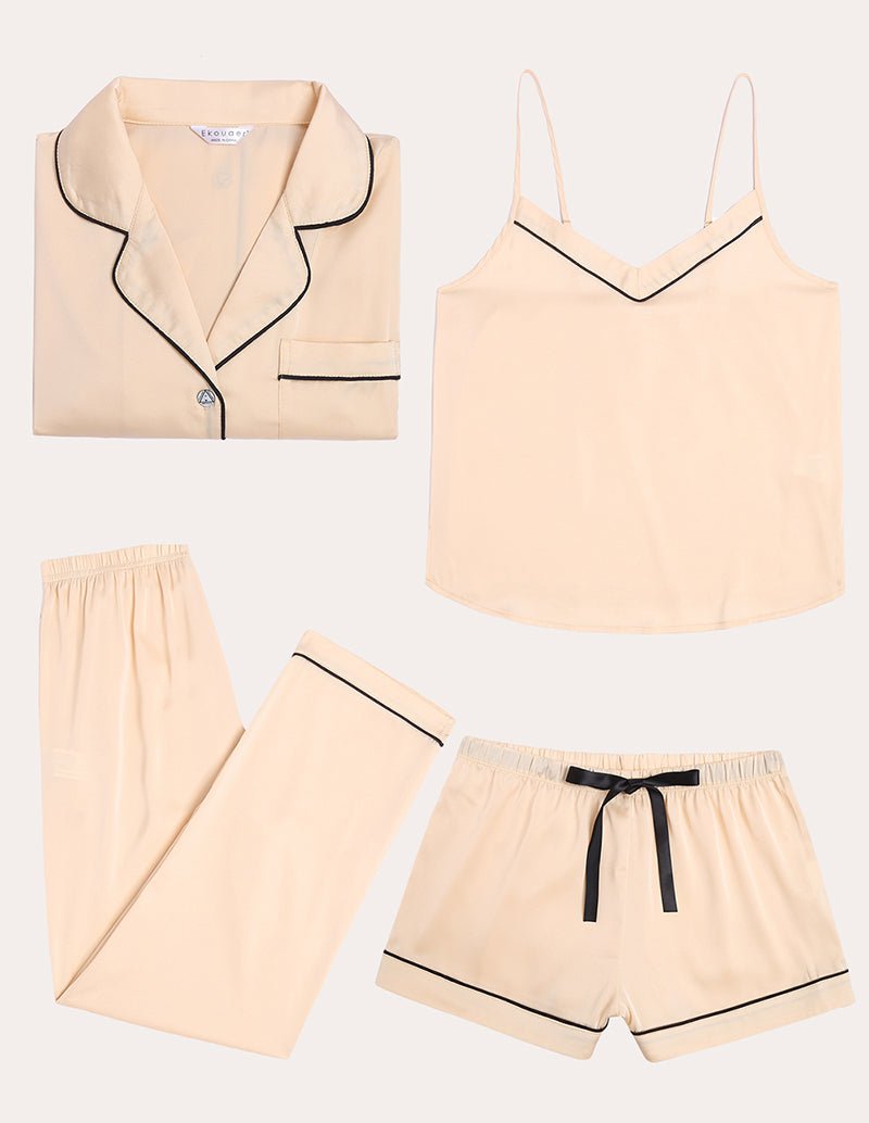 Ekouaer Satin-Schlafanzug-Set, champagnefarben: Hemd, Top, Hose und Shorts mit Paspel