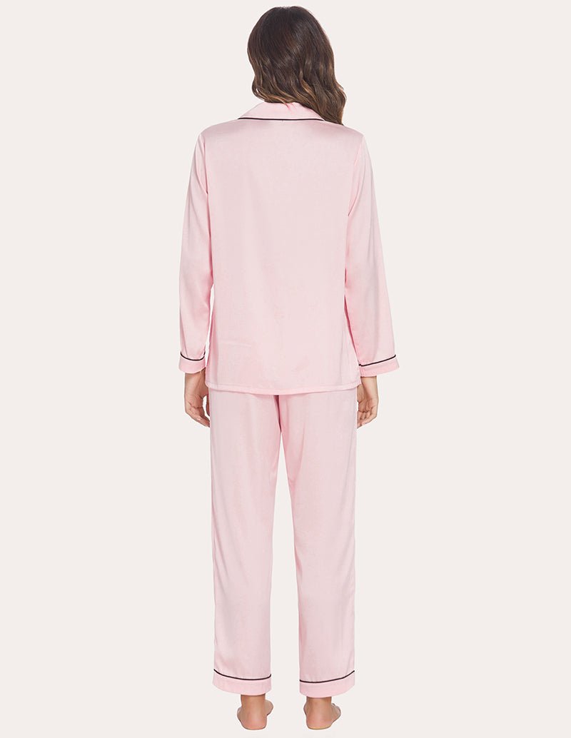 Rückansicht: Misty-Rose Satin-Schlafanzug-Set mit langen Hosen und Knopfoverhemd