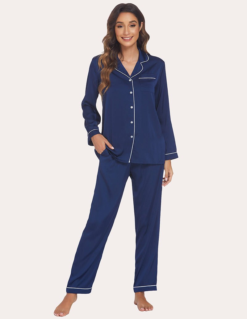 Navy satin pajama set, button-front shirt with contrast piping and matching long pants