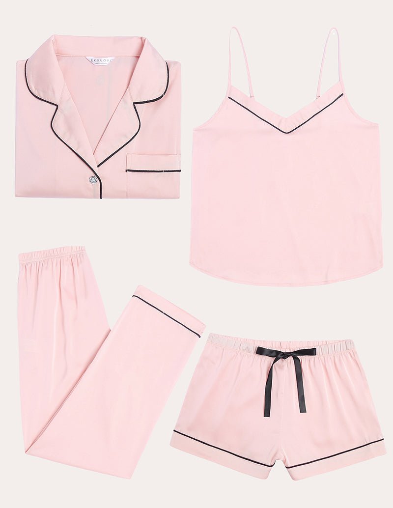 Misty-Rose Satin-4-teiliges Set: Hemd, Trägertop, lange Hose und Shorts mit Paspel