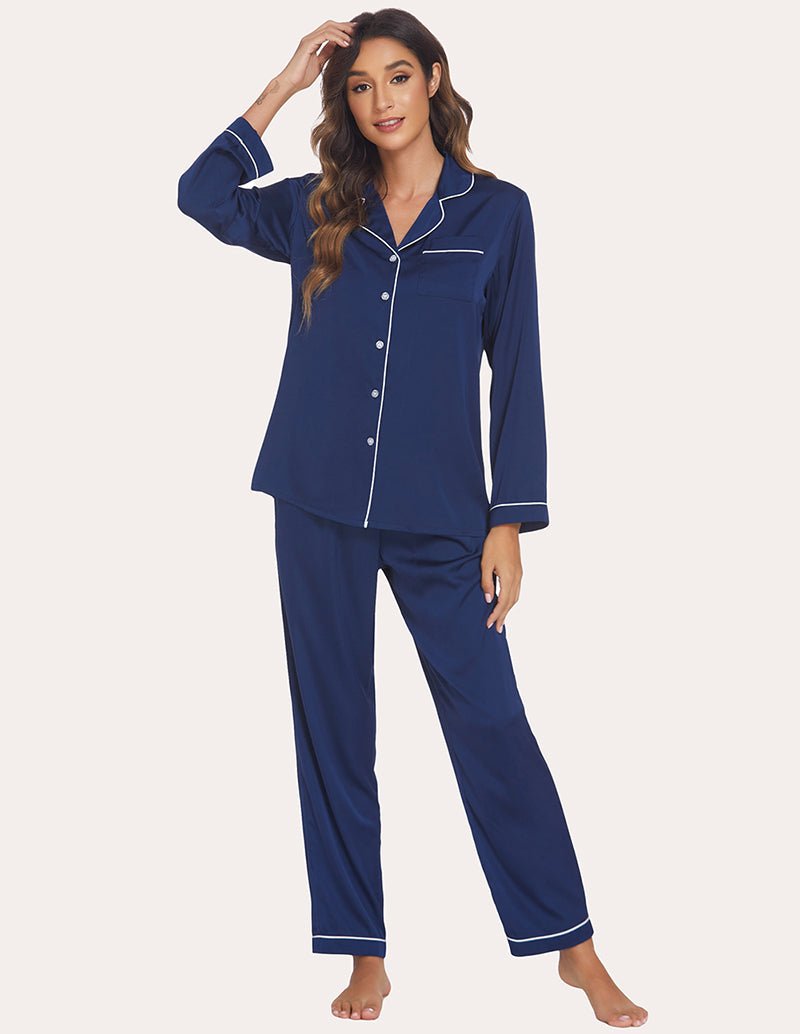 Navy satin pajama set, button-front top and tapered pants with contrast cuffs