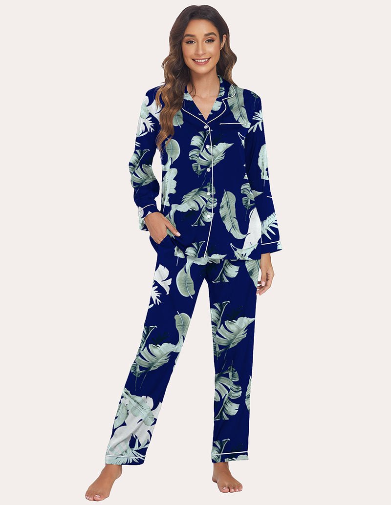 Leaf-print satin pajama set, button shirt and long pants with contrast piping