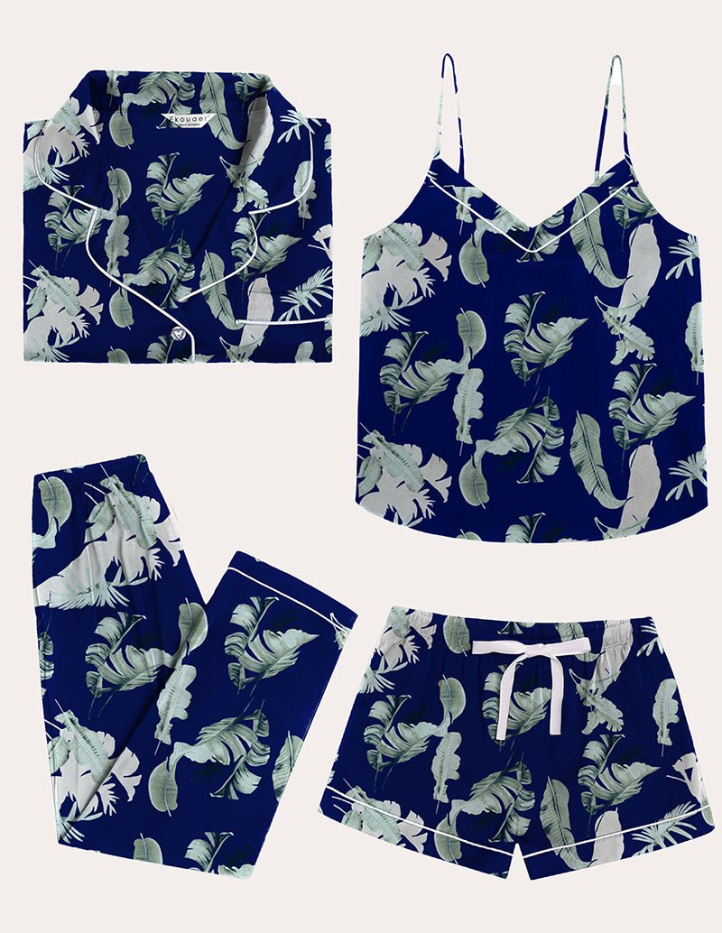 Navy satin pajama set with green leaf print, cami, drawstring shorts, shirt and pants