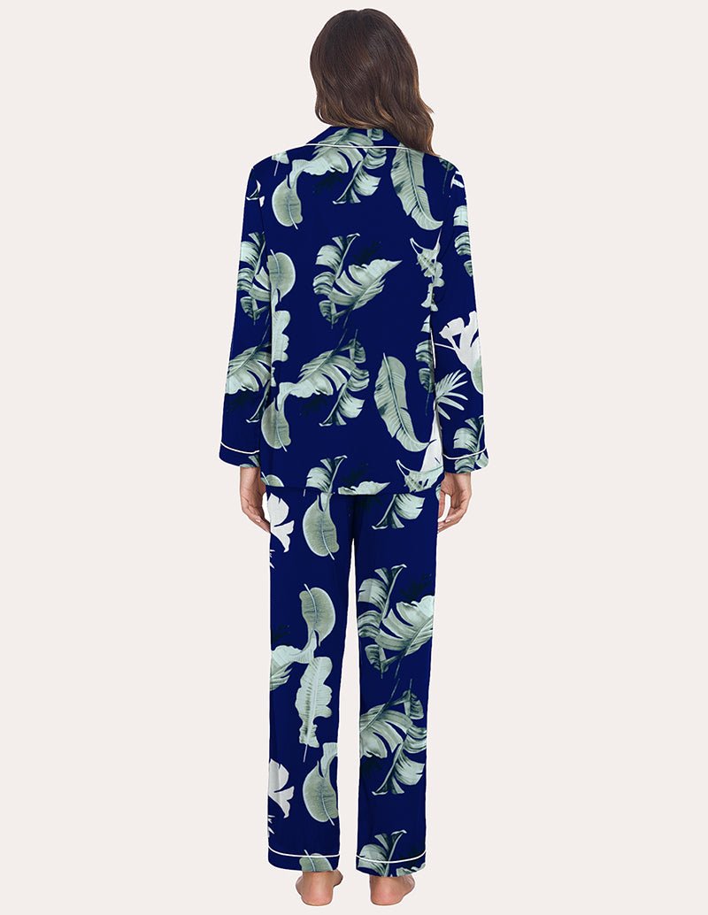 Navy botanical satin pajama set with long-sleeve button shirt and matching pants