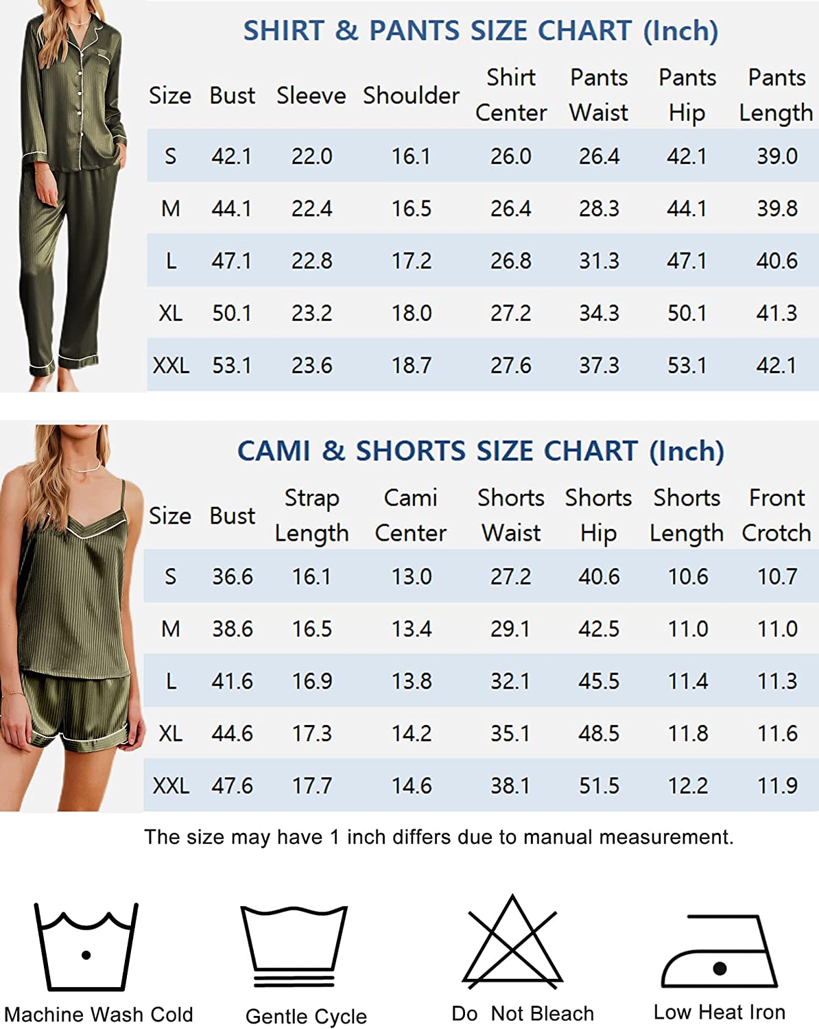 Size chart for satin pajama set: shirt & pants, plus cami & shorts measurements