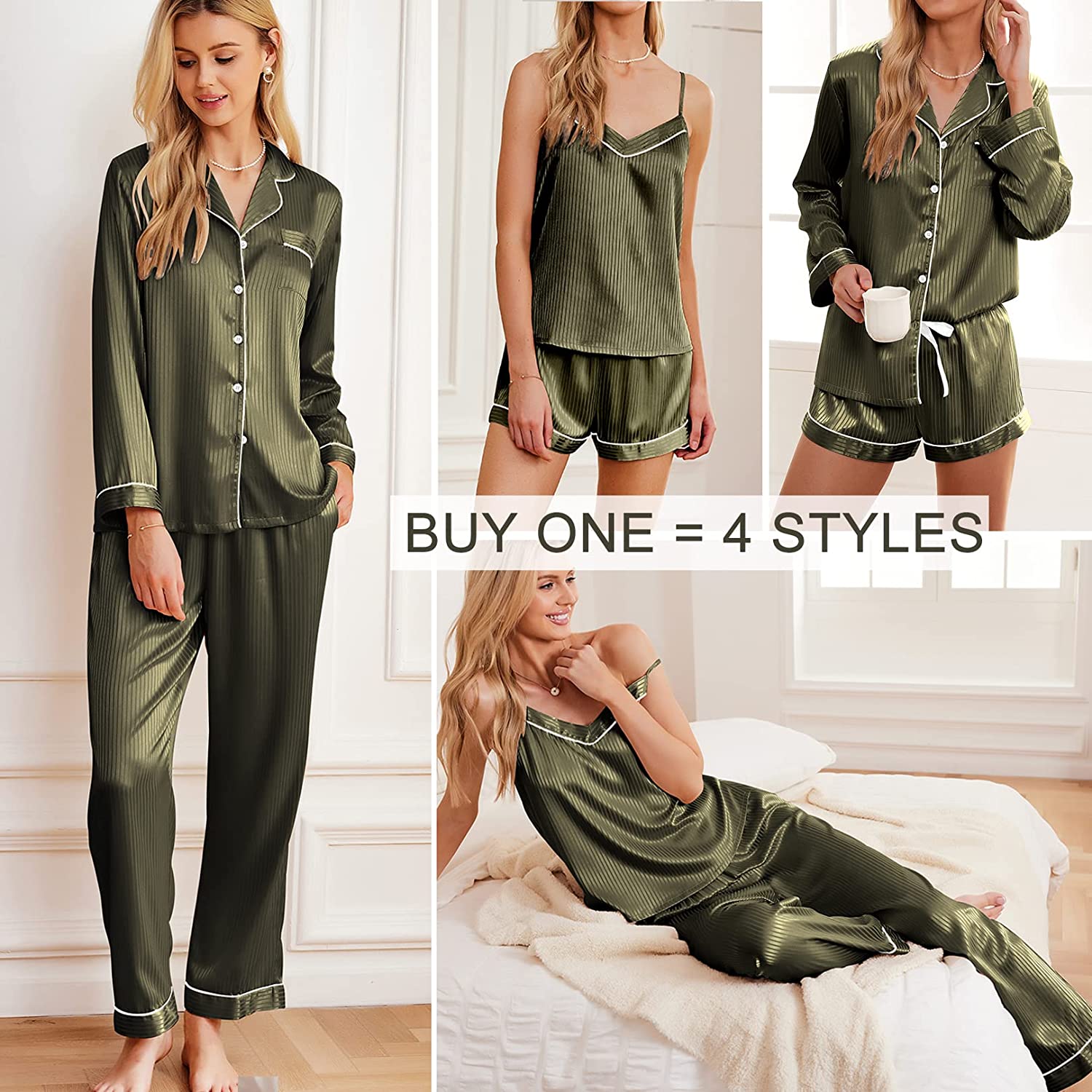 Olive satin 4-piece pajama set: shirt, cami, shorts, and pants with contrast trim
