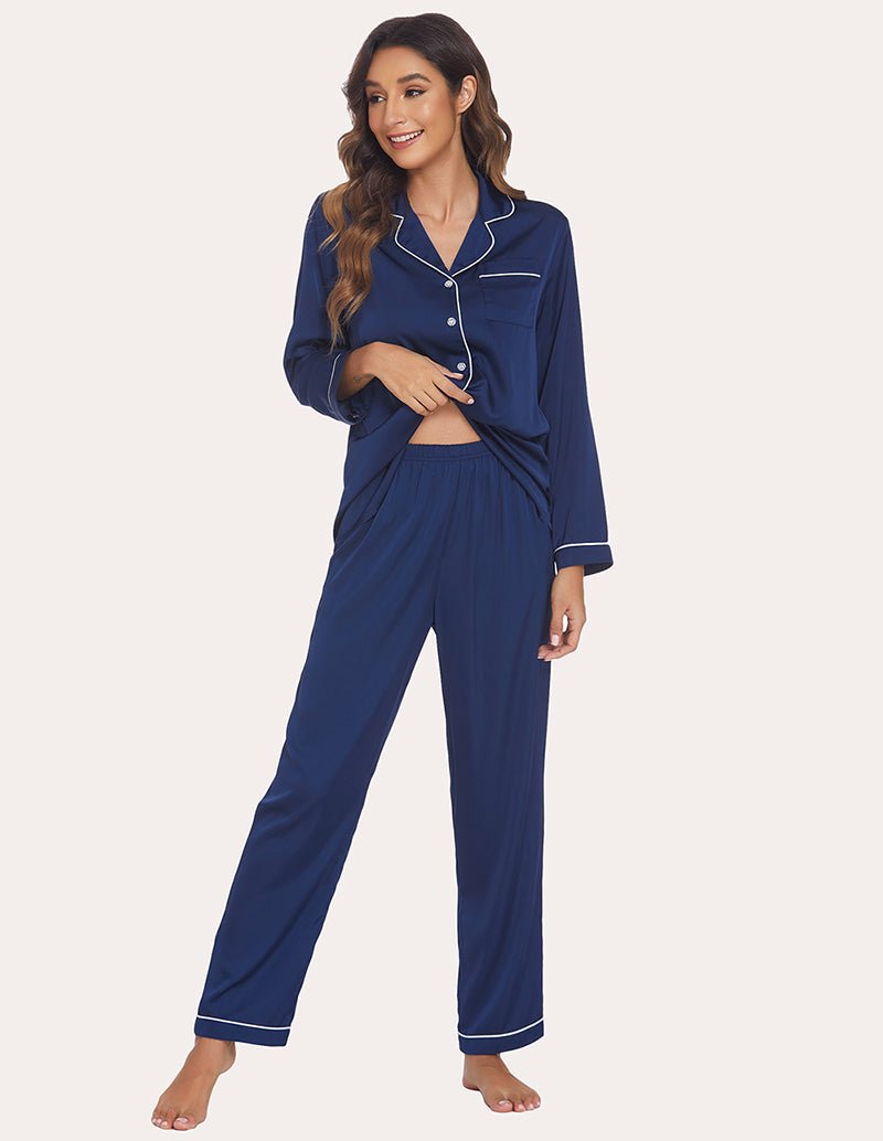 Navy satin pajama set, button-up shirt with contrast trim and long drawstring pants