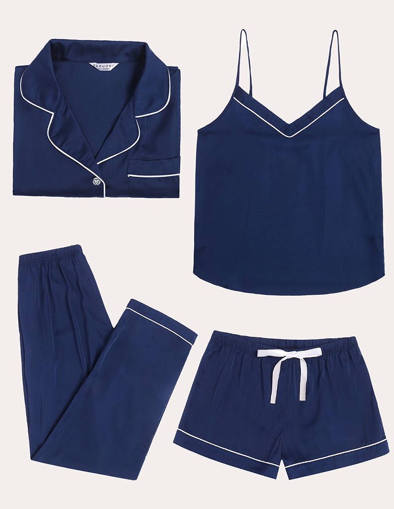 Navy satin pajama set pieces: button shirt, cami, pants, and drawstring shorts