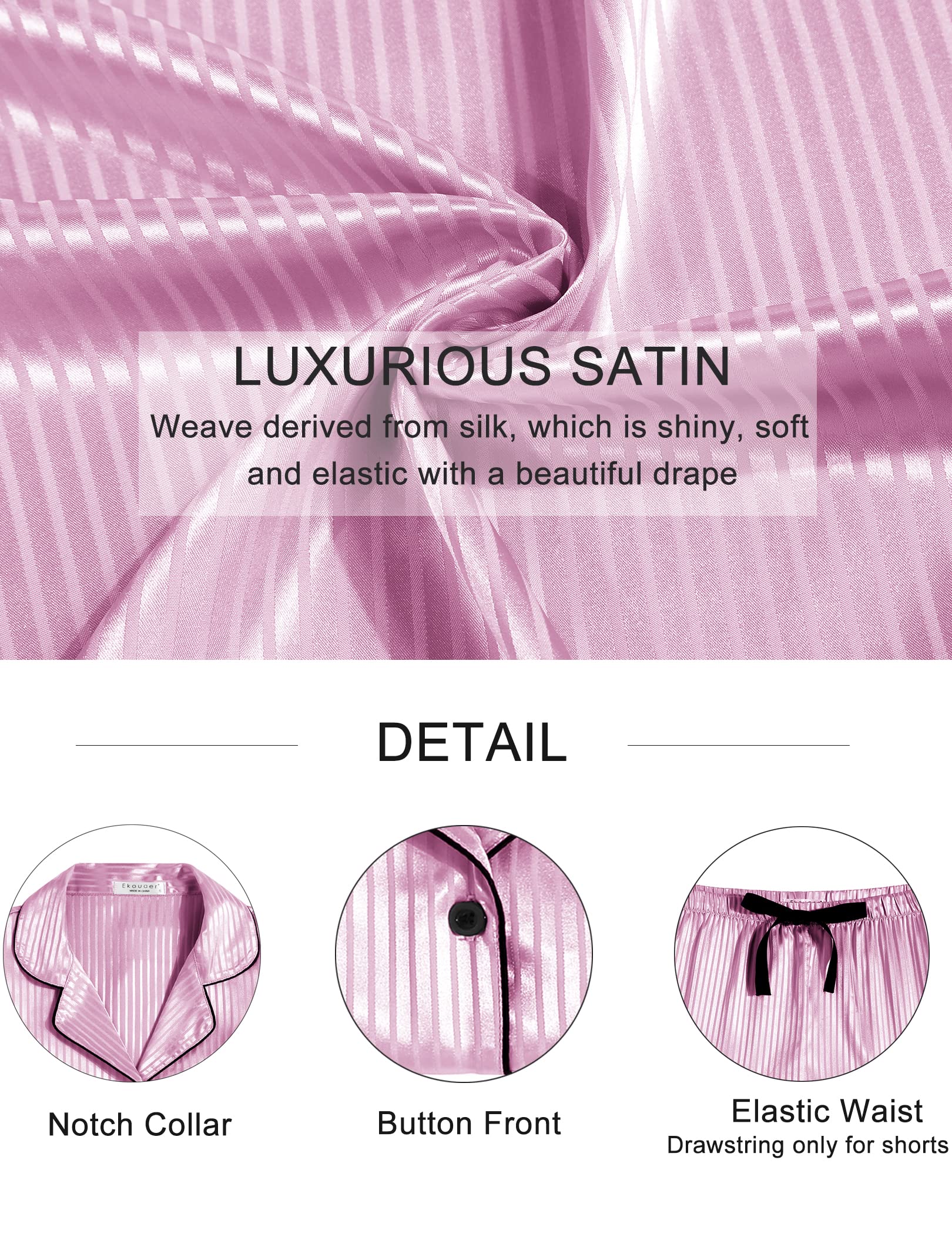 Satin-Details in Misty Rose: Reverskragen, Knopfleiste und elastischer Bund der Shorts