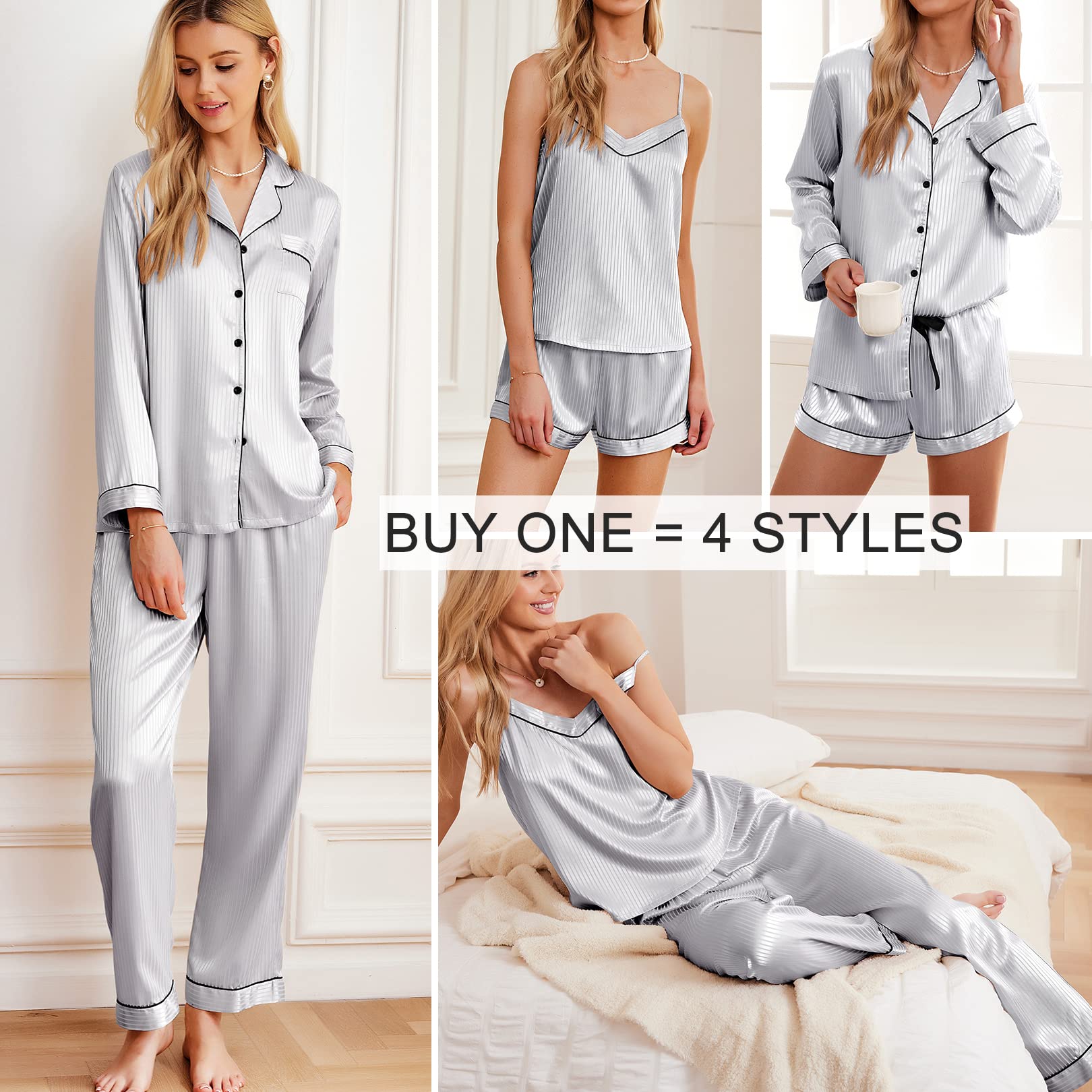 Einteiliges Schlafset-Set in weiß/silber gestreift: Hemd, Camisole und Shorts (4 Styles)