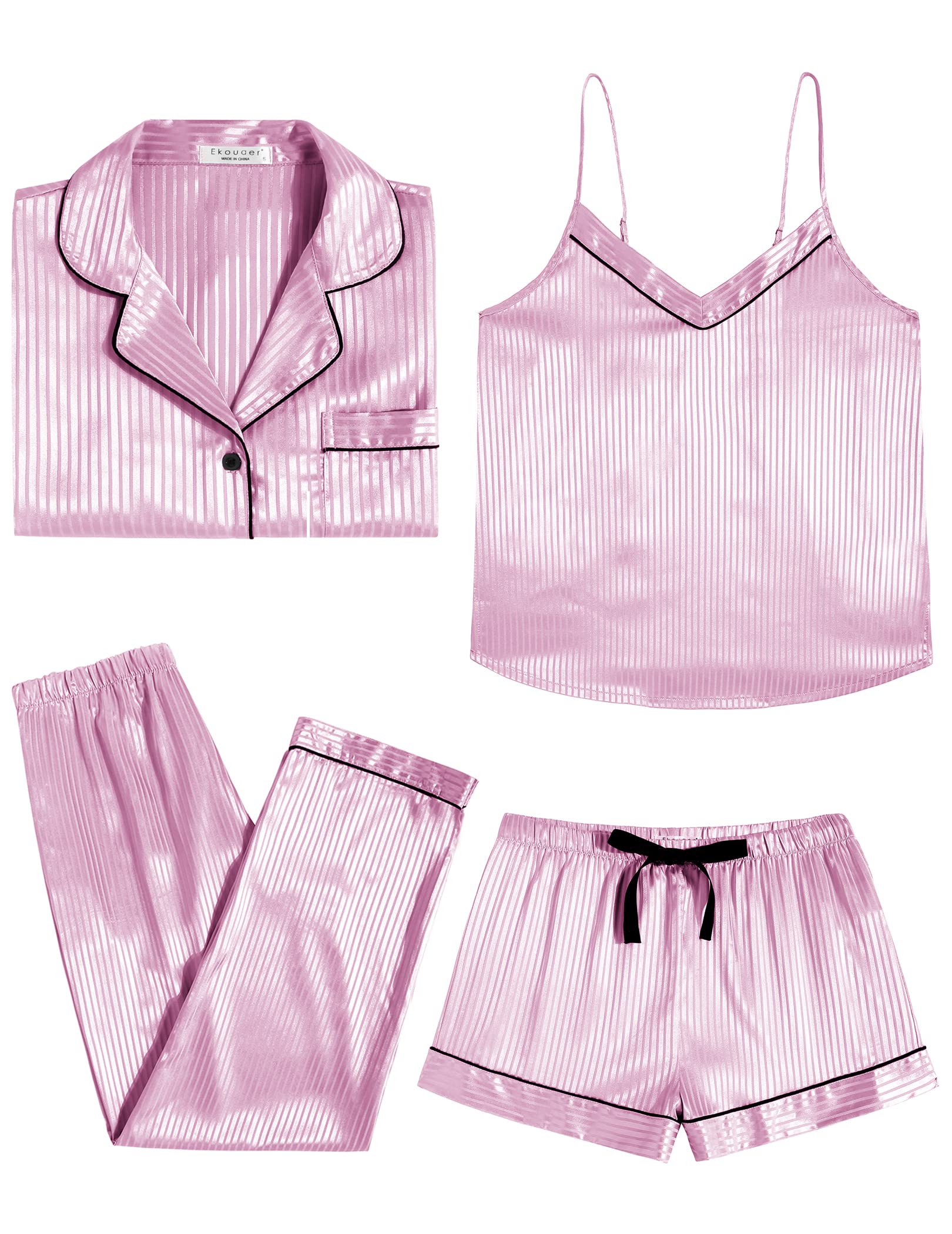 4-teiliges Satin-Pyjama-Set in Misty Rose/Pink: Hemd, Cami, lange Hose und Shorts