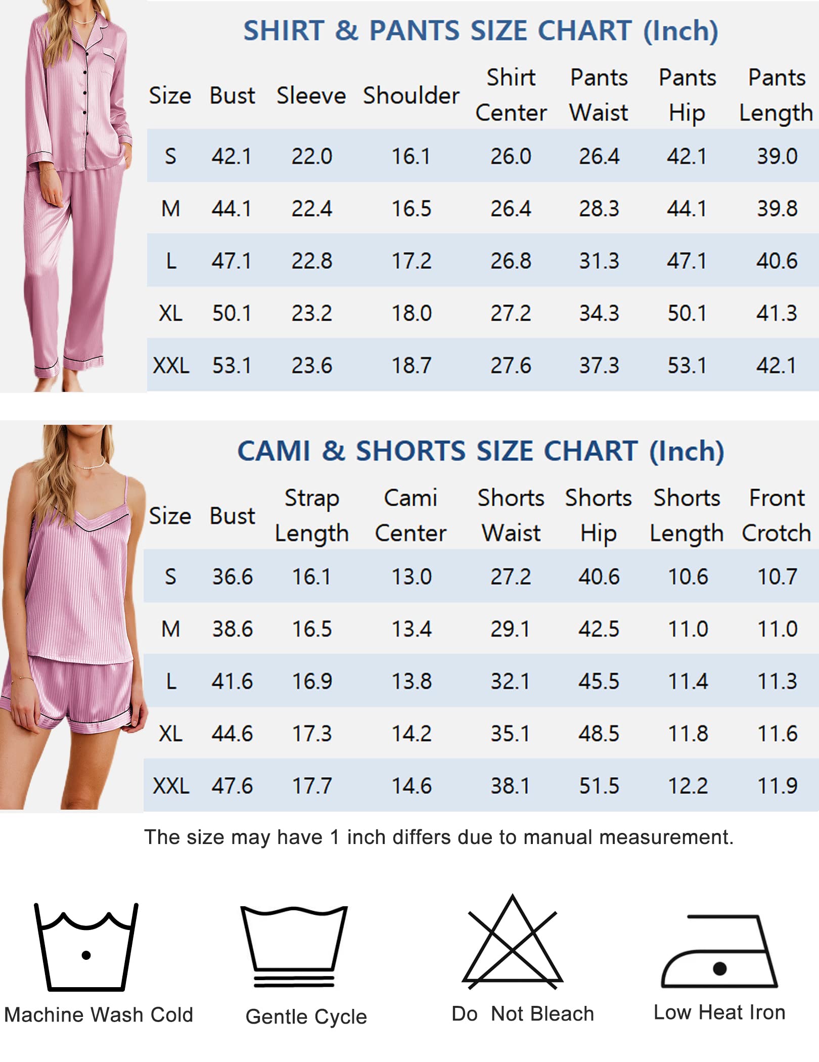 Größentabelle für Satin-Pyjama-Set: Shirt & Hose sowie Cami & Shorts (Zoll)