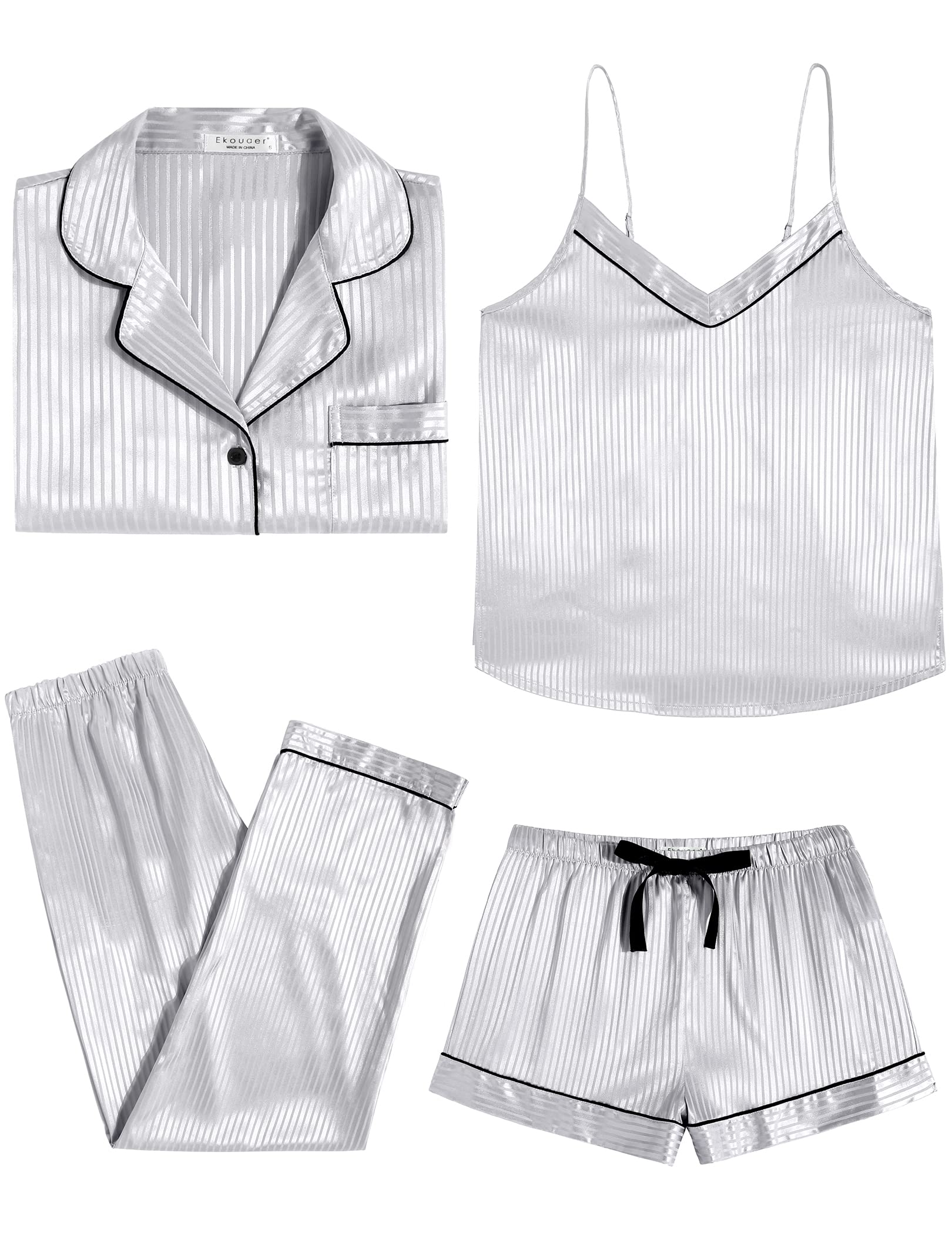 Vierteiliges Satin-Pyjama-Set: Hemd, Camisole, lange Hose und Shorts, weiß mit silber