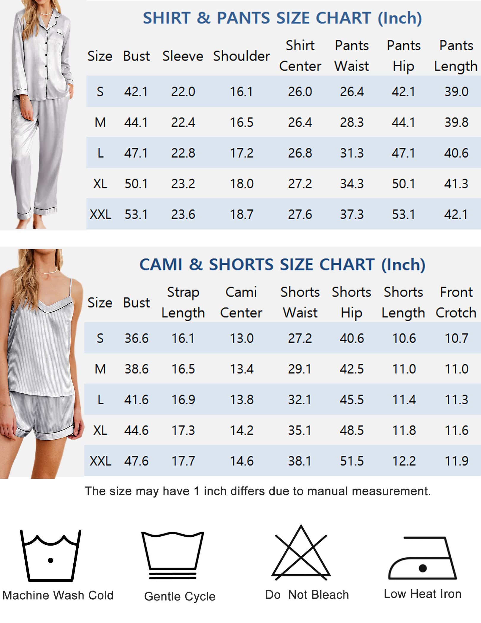 Größentabelle für Satin-Pyjama-Set (Hemd & Hose sowie Camisole & Shorts)