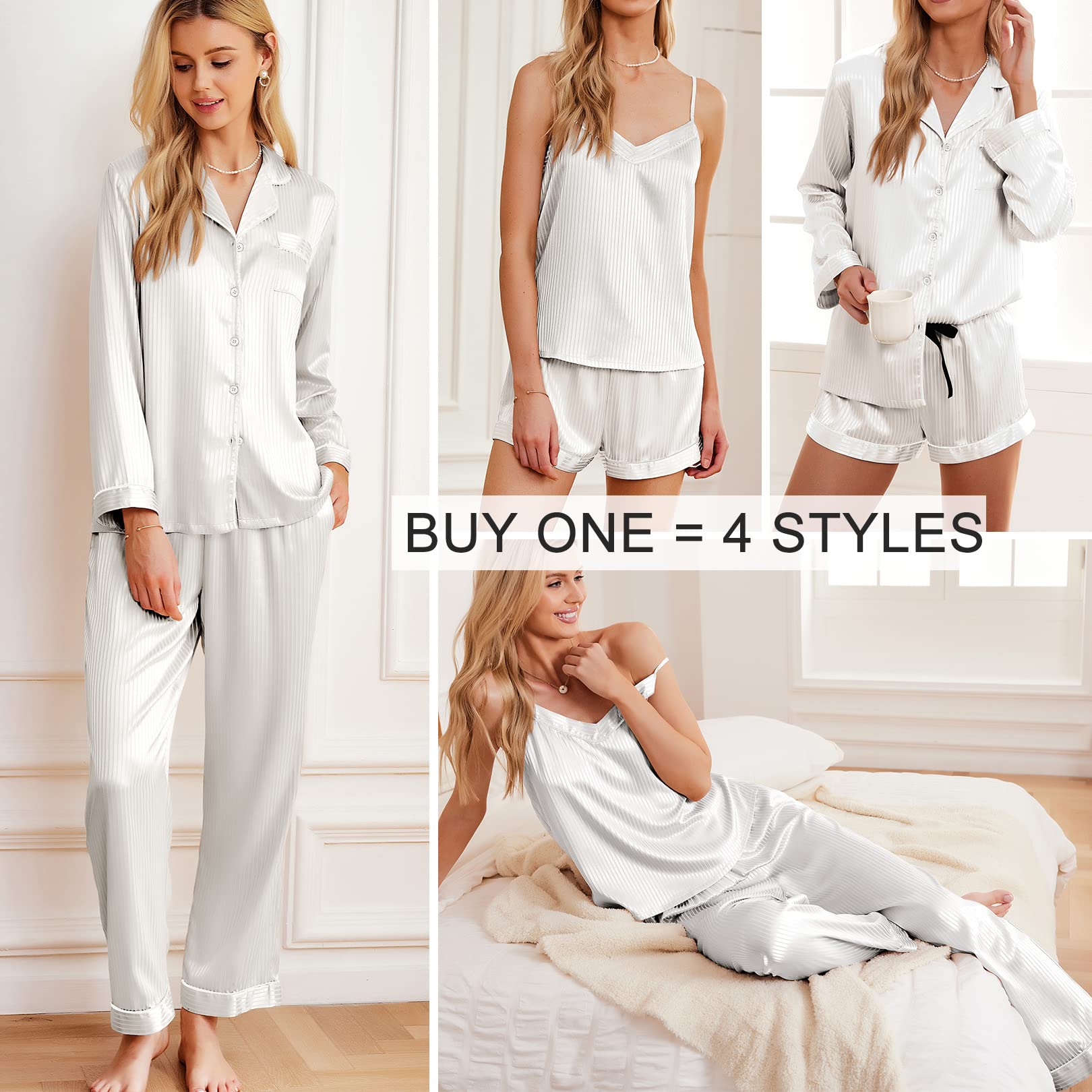 Satin-Pyjama in weiß/silber gestreift: langes Set und Camisole mit Shorts (4 Styles)