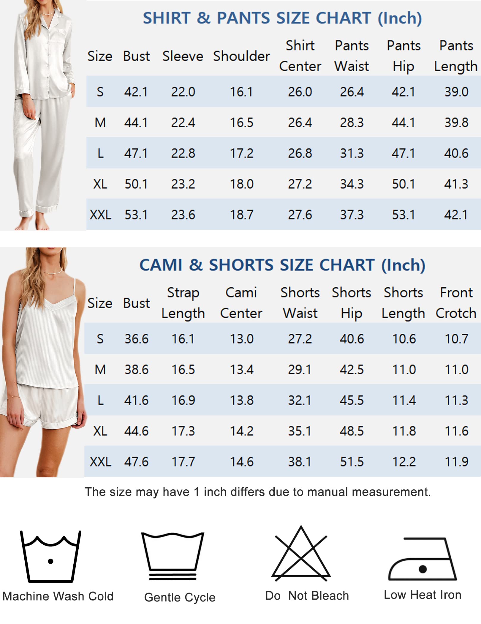 Größentabelle für Satin-Schlafset: Hemd & Hose sowie Camisole & Shorts (Zoll)