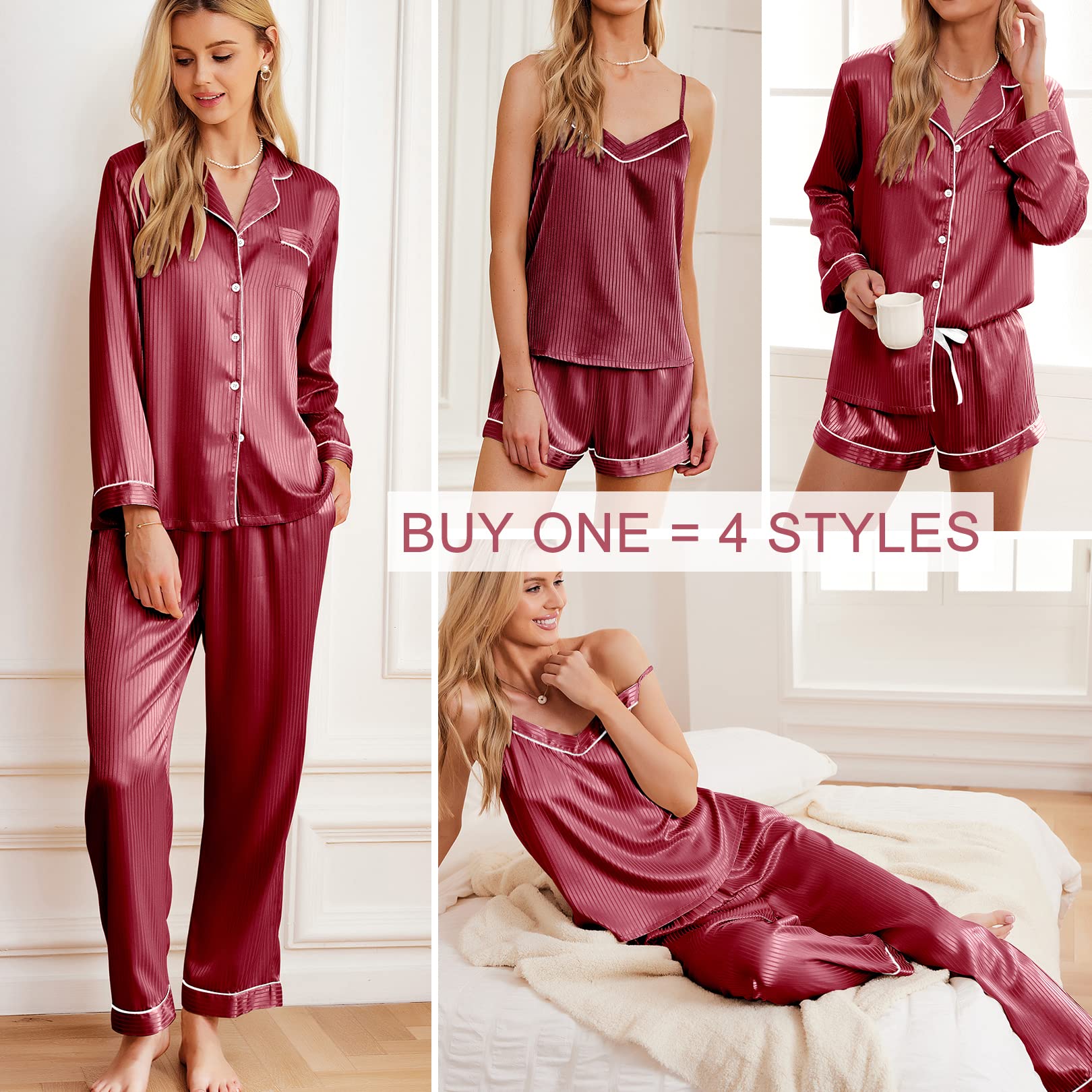 Wine red satin pajama set: button-front top and matching shorts with contrast trim