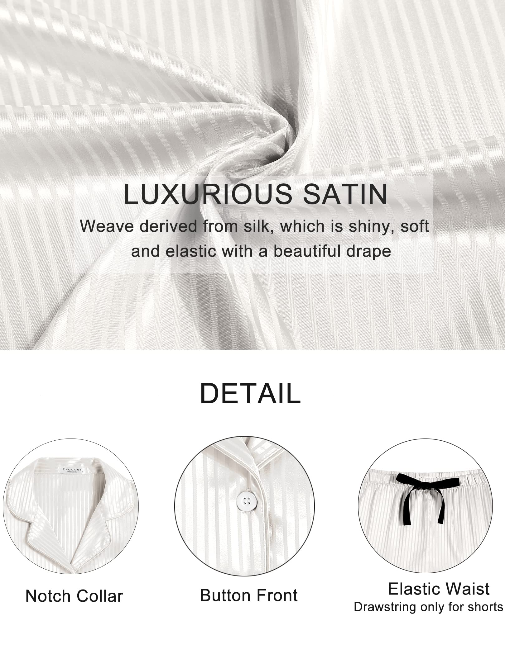Detailansicht zum Satin-Set: Notch-Kragen, Knopfleiste und Tunnelzug-Shorts