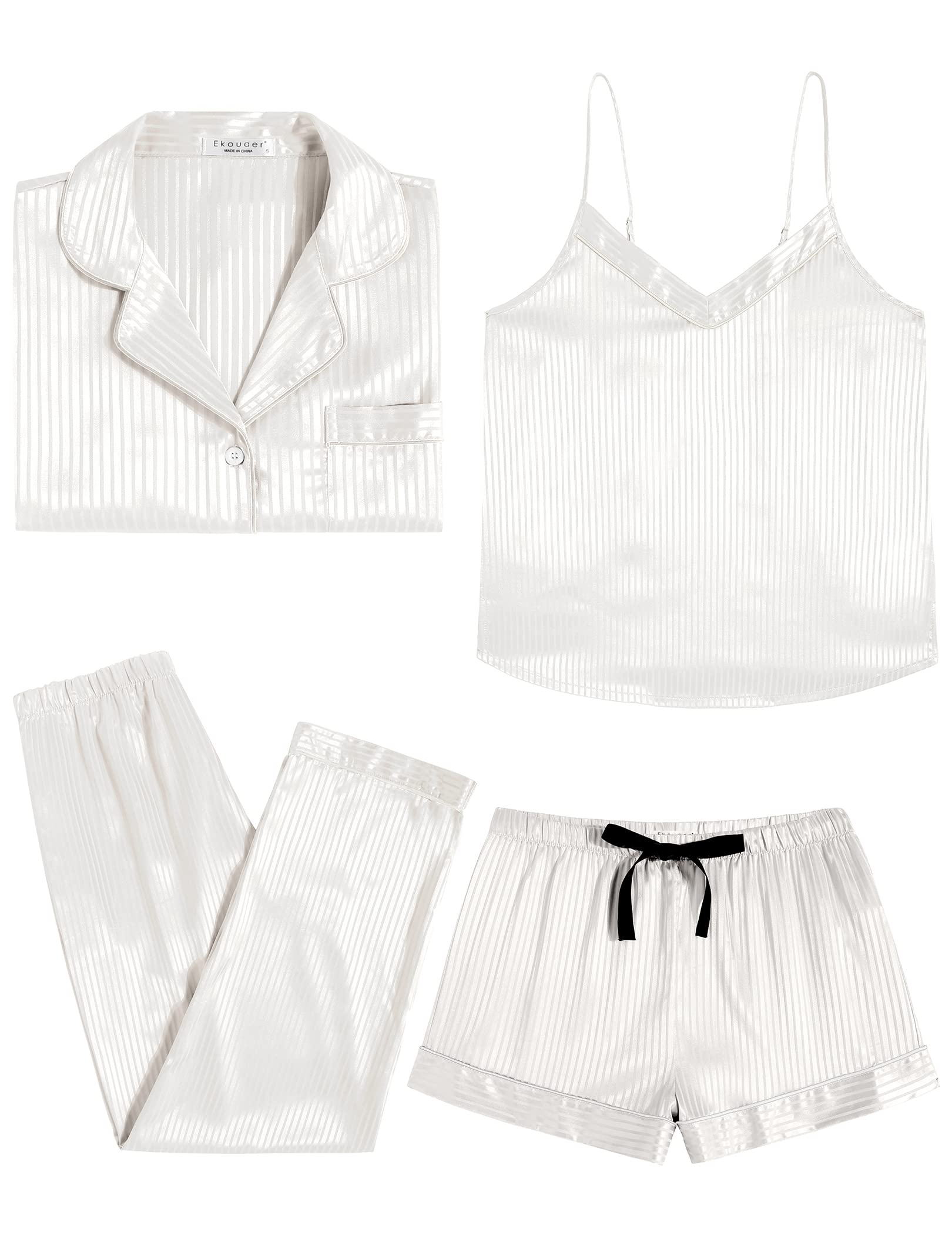 Design-Ansicht: Hemd, Camisole, lange Hose und Shorts aus Satin, weiß/silber gestreift
